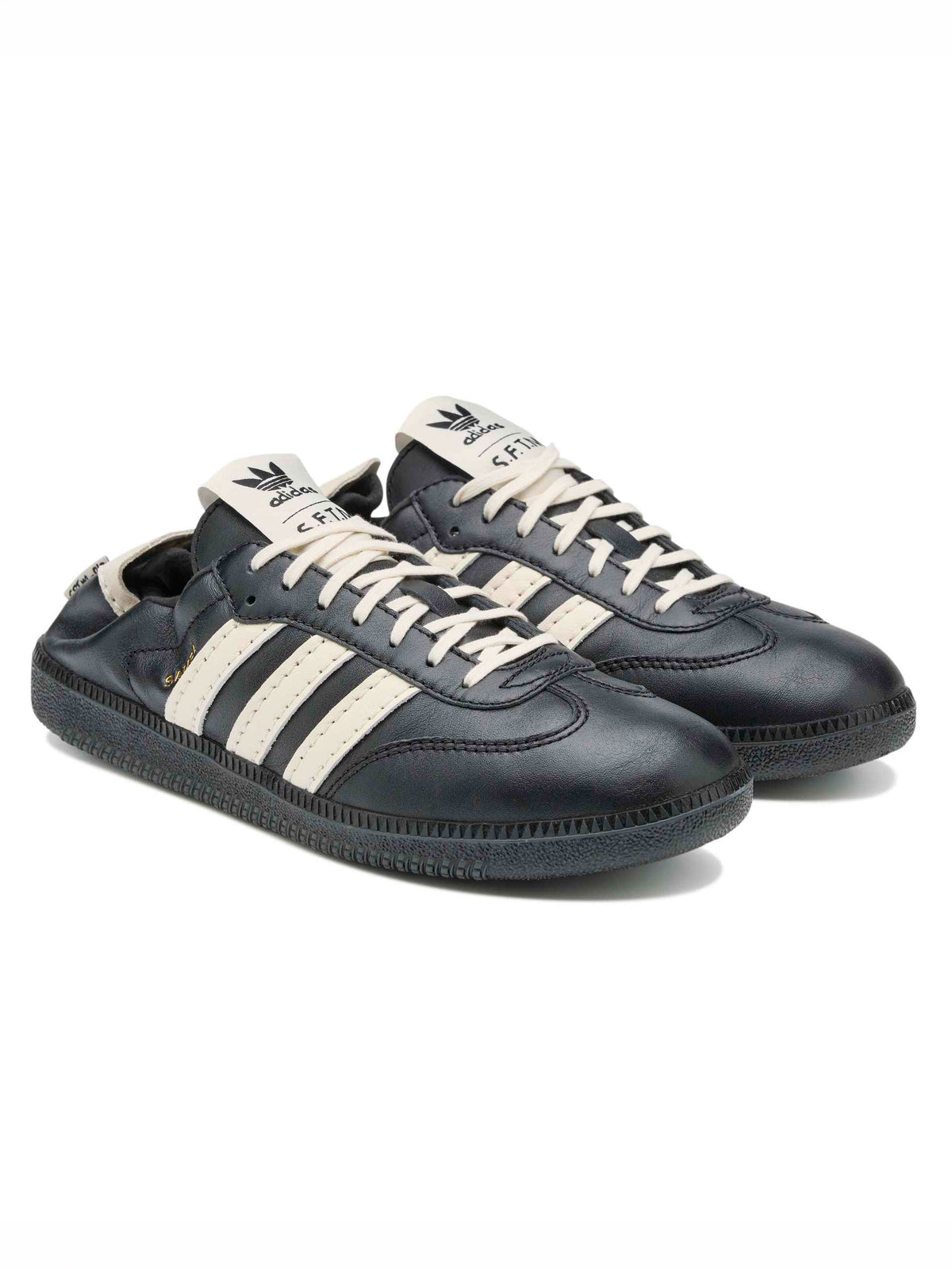 adidas x Song for the Mute ADI008 Samba OG SFTM sneakers, angled pair view with contrast three-stripe detailing.