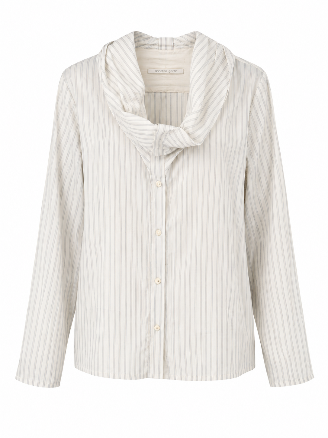 Annette Görtz Garly blouse in grey and white stripe with integrated draped twisted collar, button-front, flat lay front view