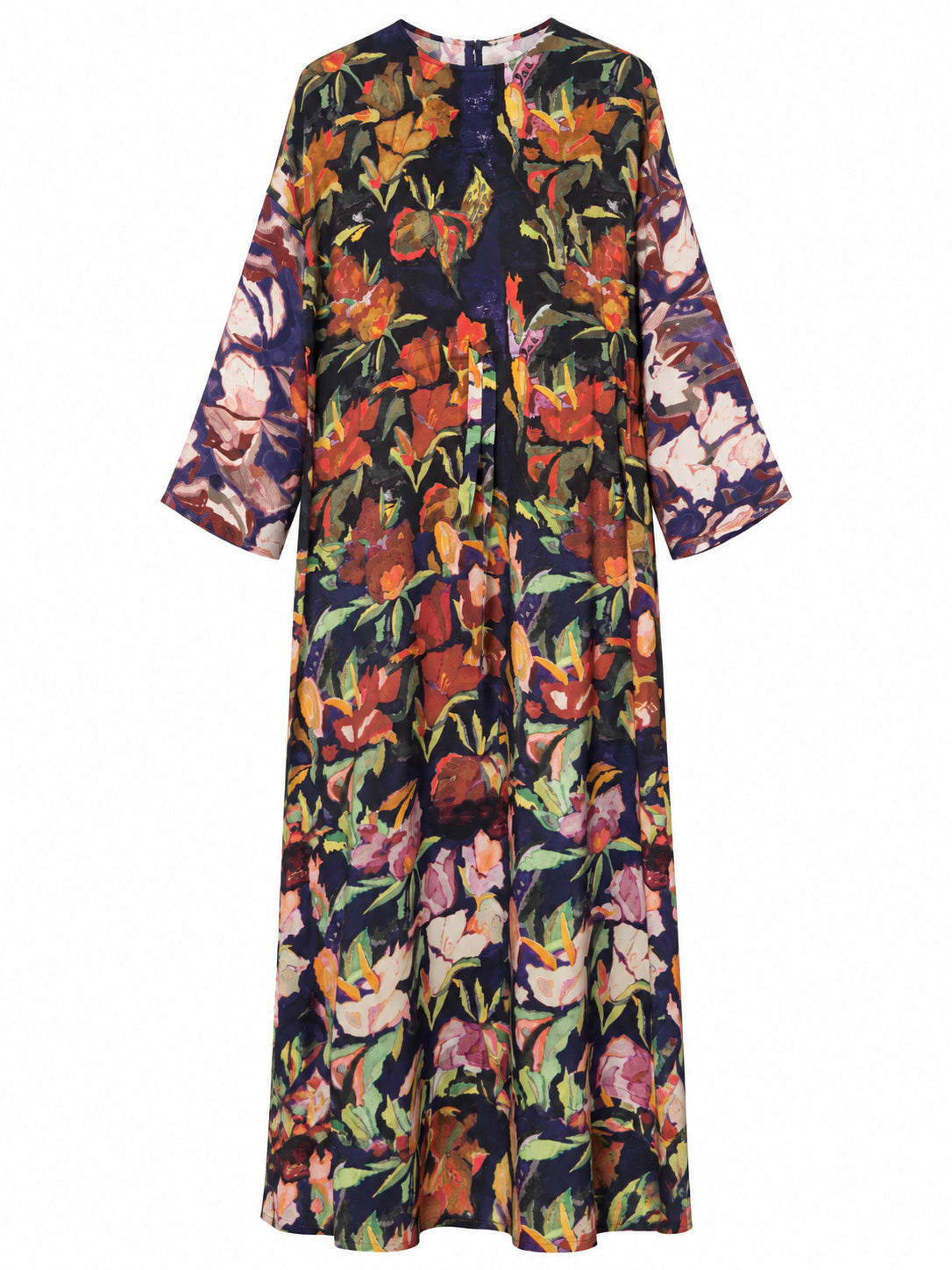 Anntian Simple Dress Print Flowers, front product view featuring an allover multicoloured floral print, round neckline and wide three-quarter sleeves.