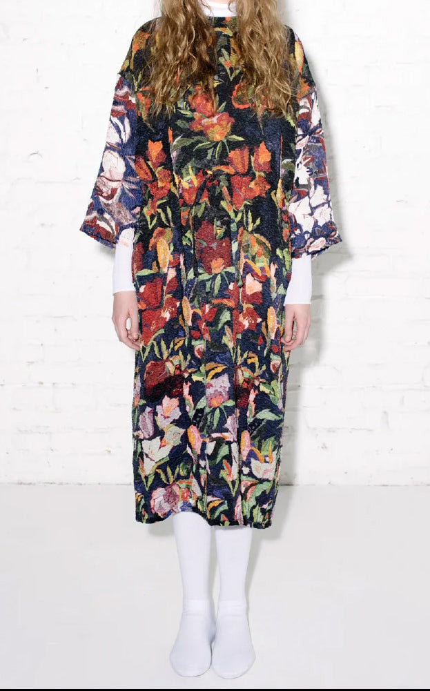 Anntian Simple Dress Print Flowers worn on model, showing the relaxed long silhouette and vibrant allover floral print.