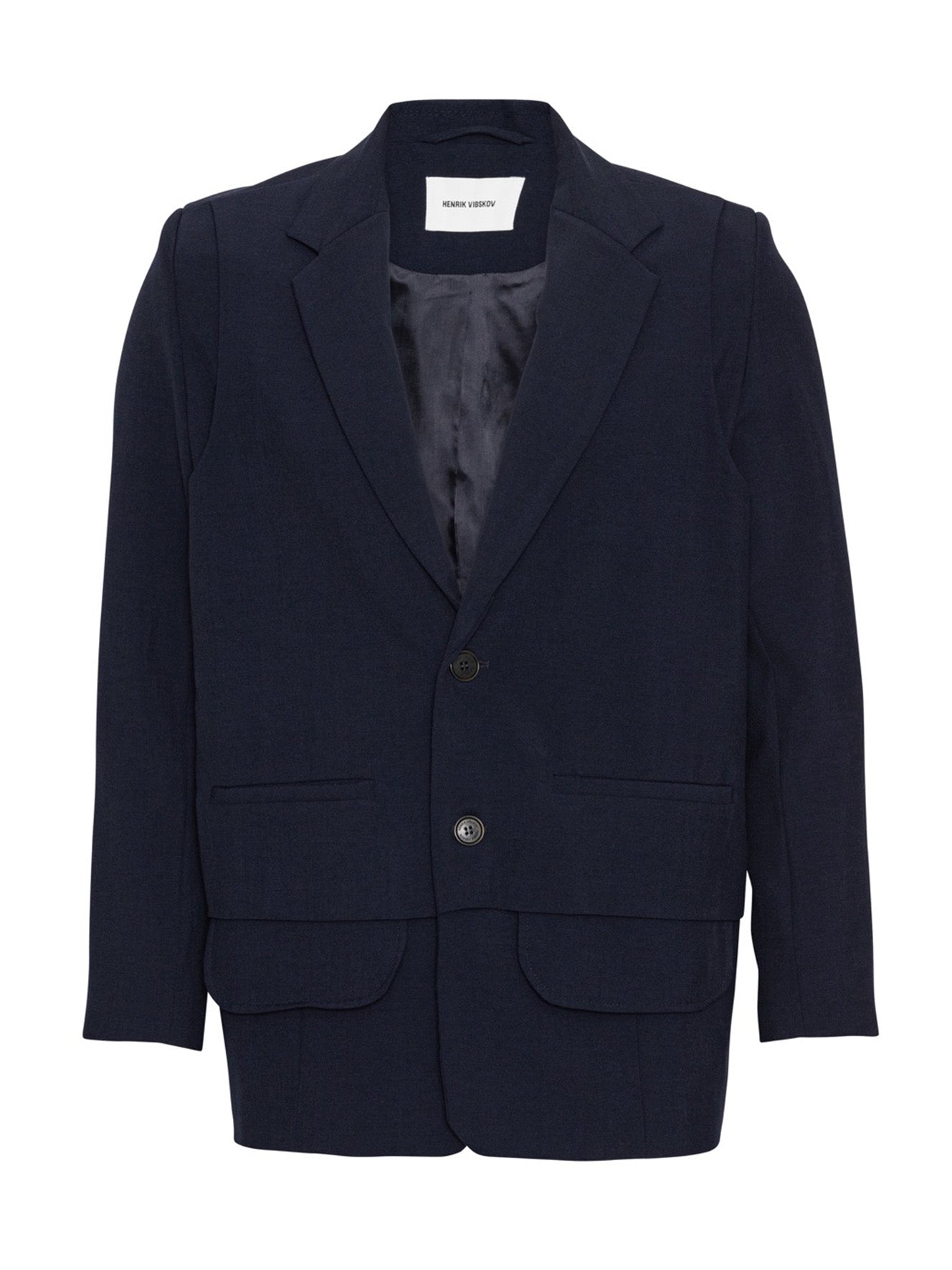 Henrik Vibskov Ants Blazer in Dark Navy with notched lapels, two-button closure and front flap pockets.