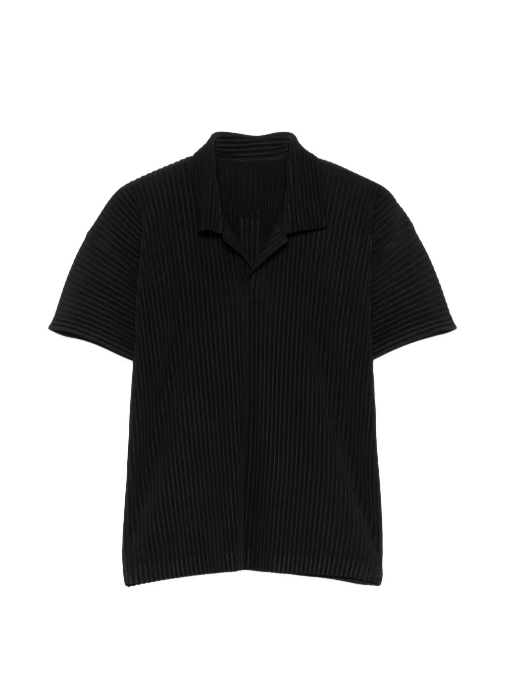 Homme Plissé Issey Miyake Basic Polo Shirt Black - front view showing pleated texture, V-neck opening and polo collar