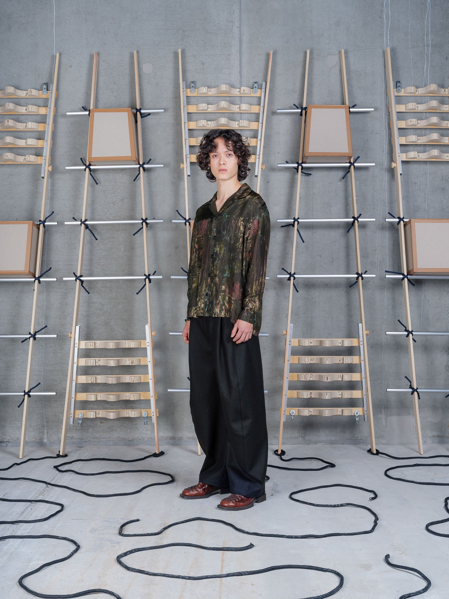 Model wearing Henrik Vibskov Artist Shirt LS in Swamp Reflections side view