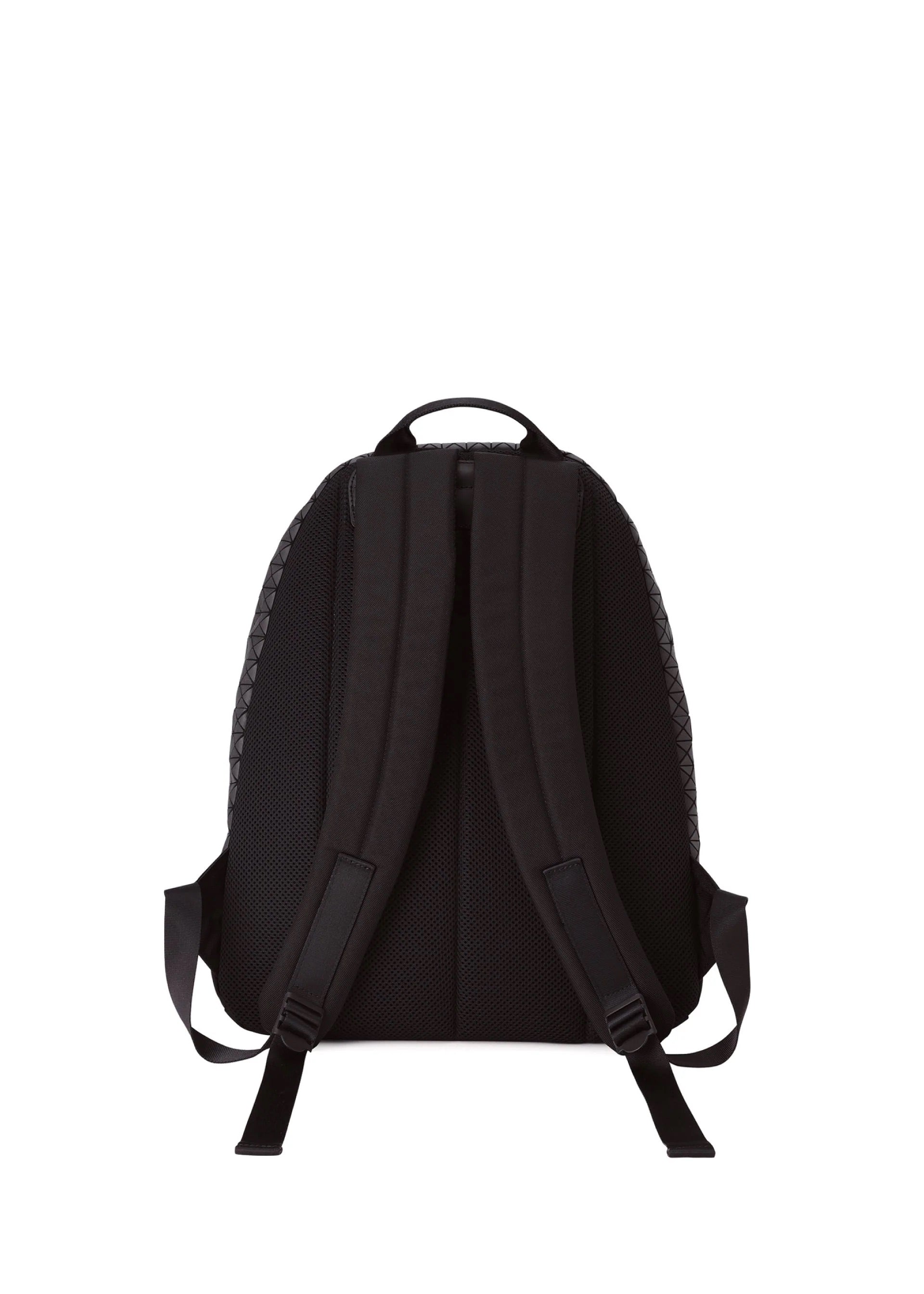 Back view of Bao Bao Issey Miyake Kuro Daypack in matte black with padded adjustable shoulder straps and clean backpack silhouette