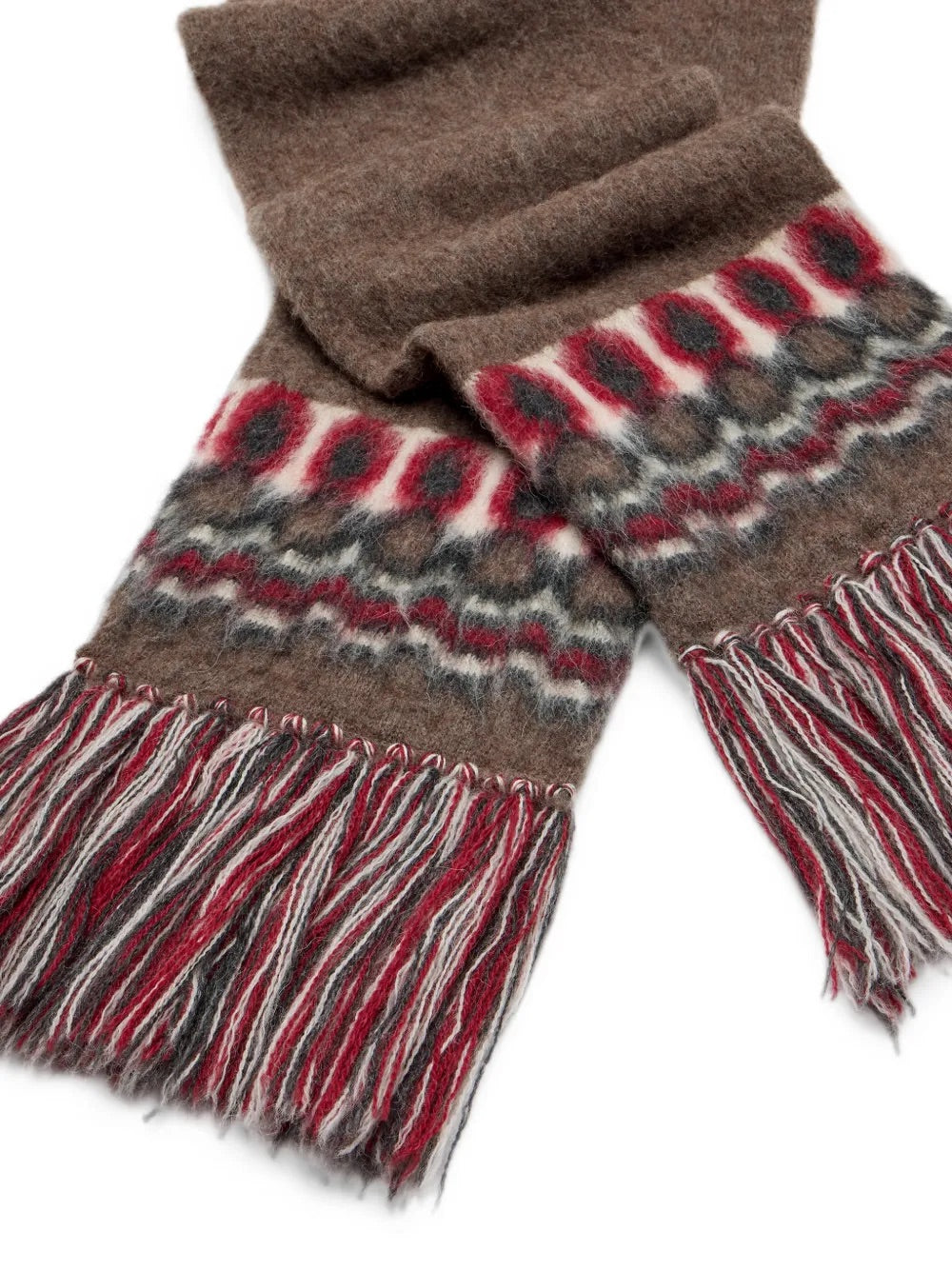Maison Margiela Beanie in Brown/Charcoal/Ecru/Dark Red close-up of Fair Isle pattern and fringed earflaps