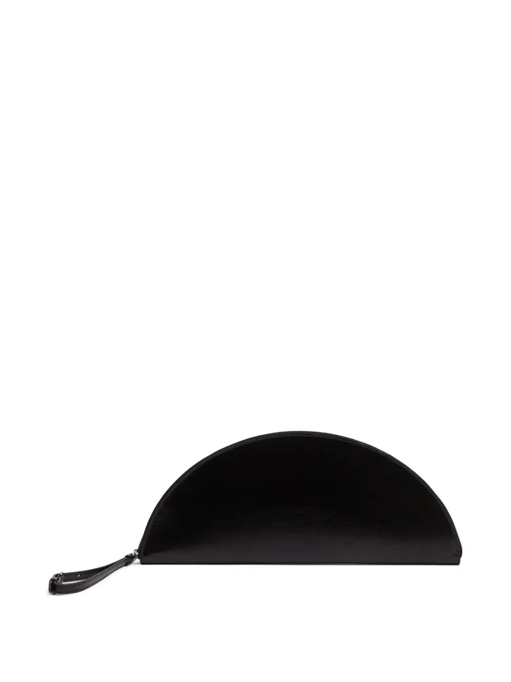 Front packshot of the Maison Margiela Big Halfmoon Pouch in Black, showing the sleek calf leather, rounded halfmoon silhouette, zip closure, and signature Four Stitch motif.
