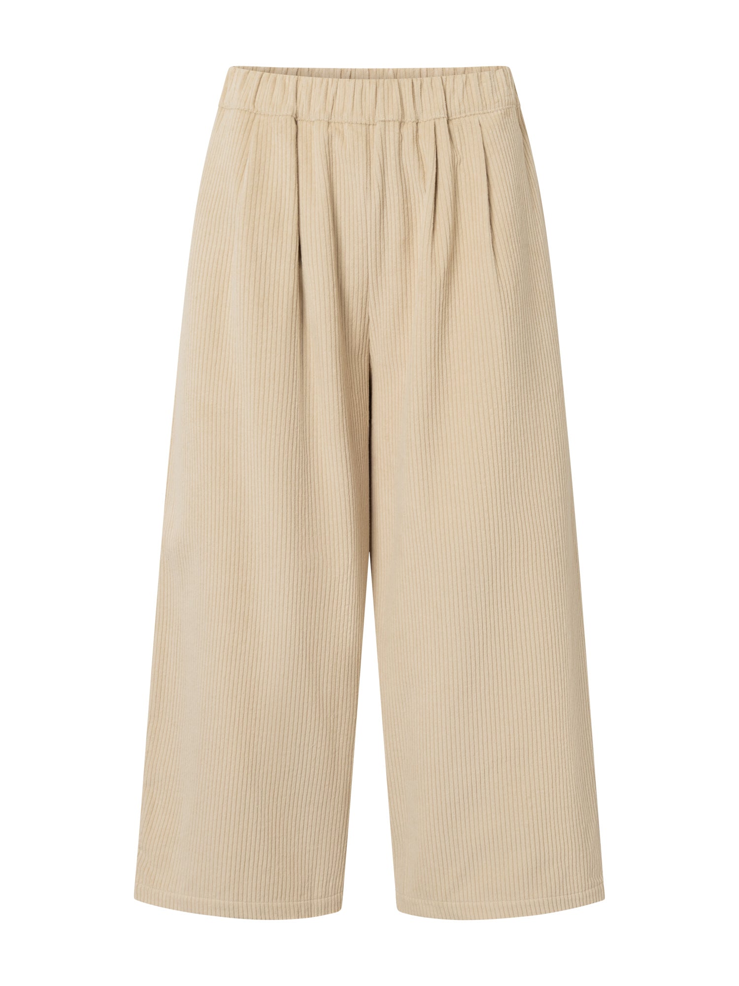 Front view of the Black Crane Corduroy Wide Pants in ivory, featuring off-white corduroy fabric, a baggy cropped silhouette, and an elastic waistband.