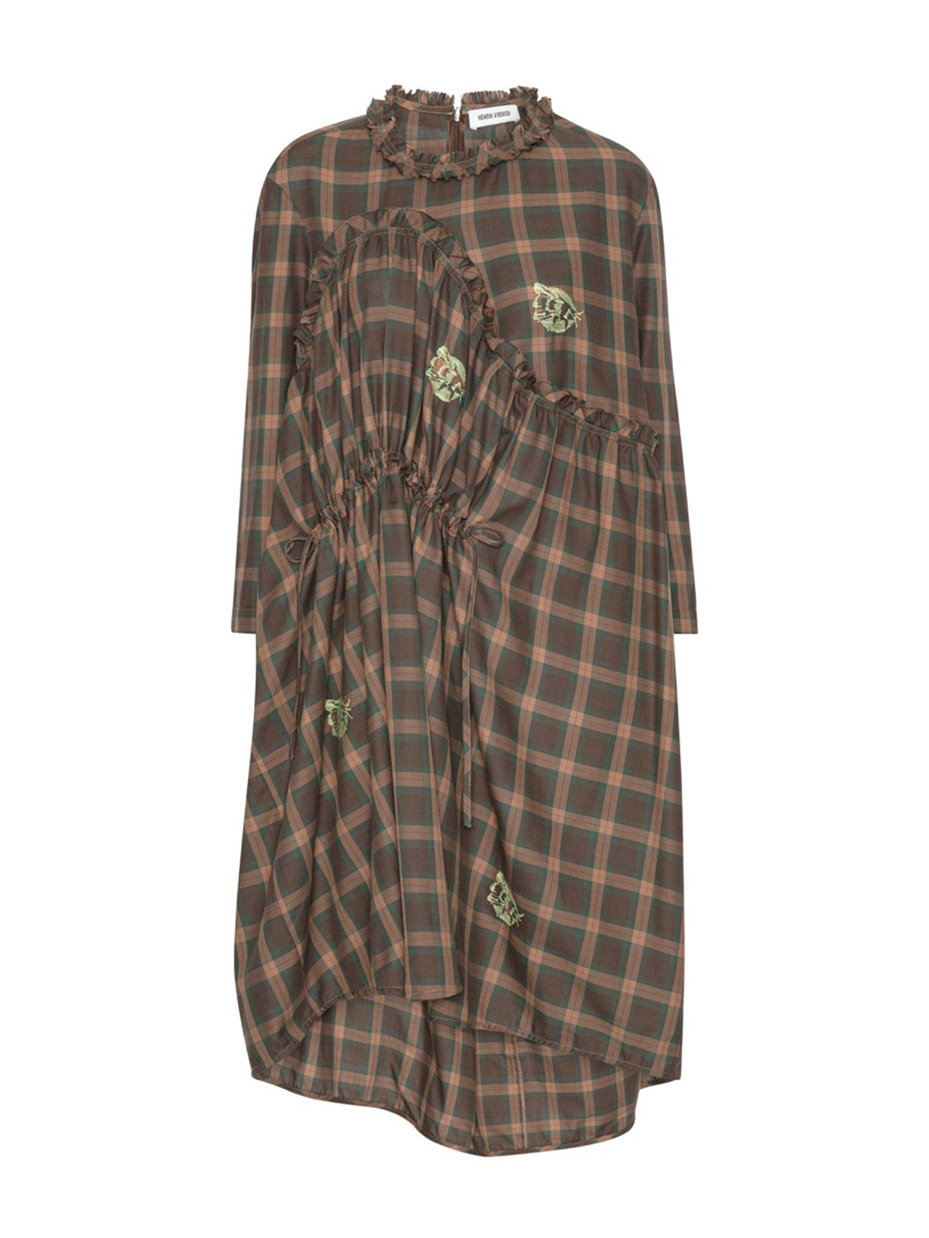 Henrik Vibskov Bon Chalant Dress LS in Brown Cotton Checks crafted from 100% organic cotton with embroidered floral details.