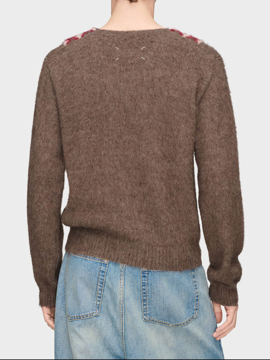 Back view of Maison Margiela Brushed Pullover in Brown/Charcoal/Ecru/Dark Red