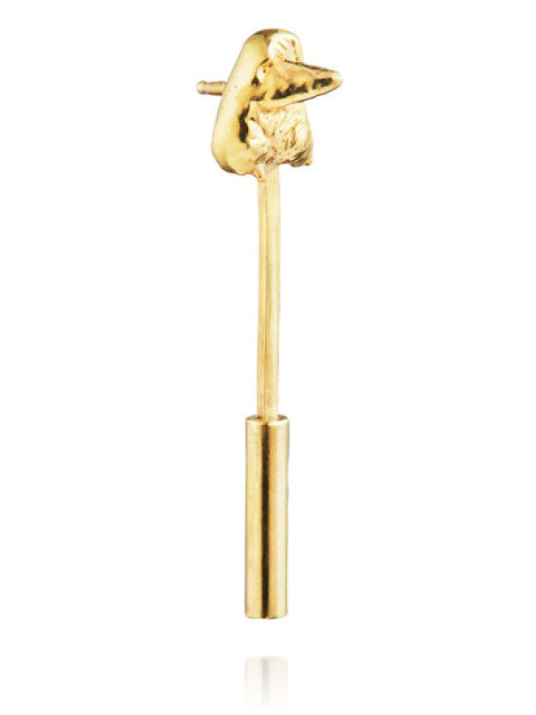 Bukkehave Katla Earring in Gold Plated, single earring, organic sculptural crumpled stud, slim elongated pin, cylindrical bar stopper, handmade gold plated silver