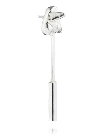 Bukkehave Katla Earring in Silver, single earring, organic sculptural crumpled stud, slim elongated pin, cylindrical bar stopper, handmade silver