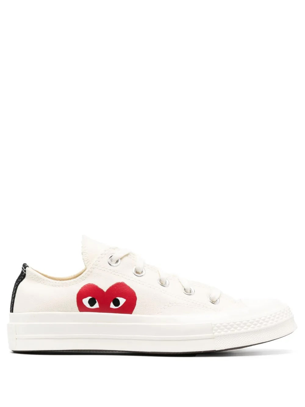 Comme des Garçons Play x Converse Chuck 70 low-top sneakers in white, side view, off-white canvas upper with red CDG heart logo and black heel tab