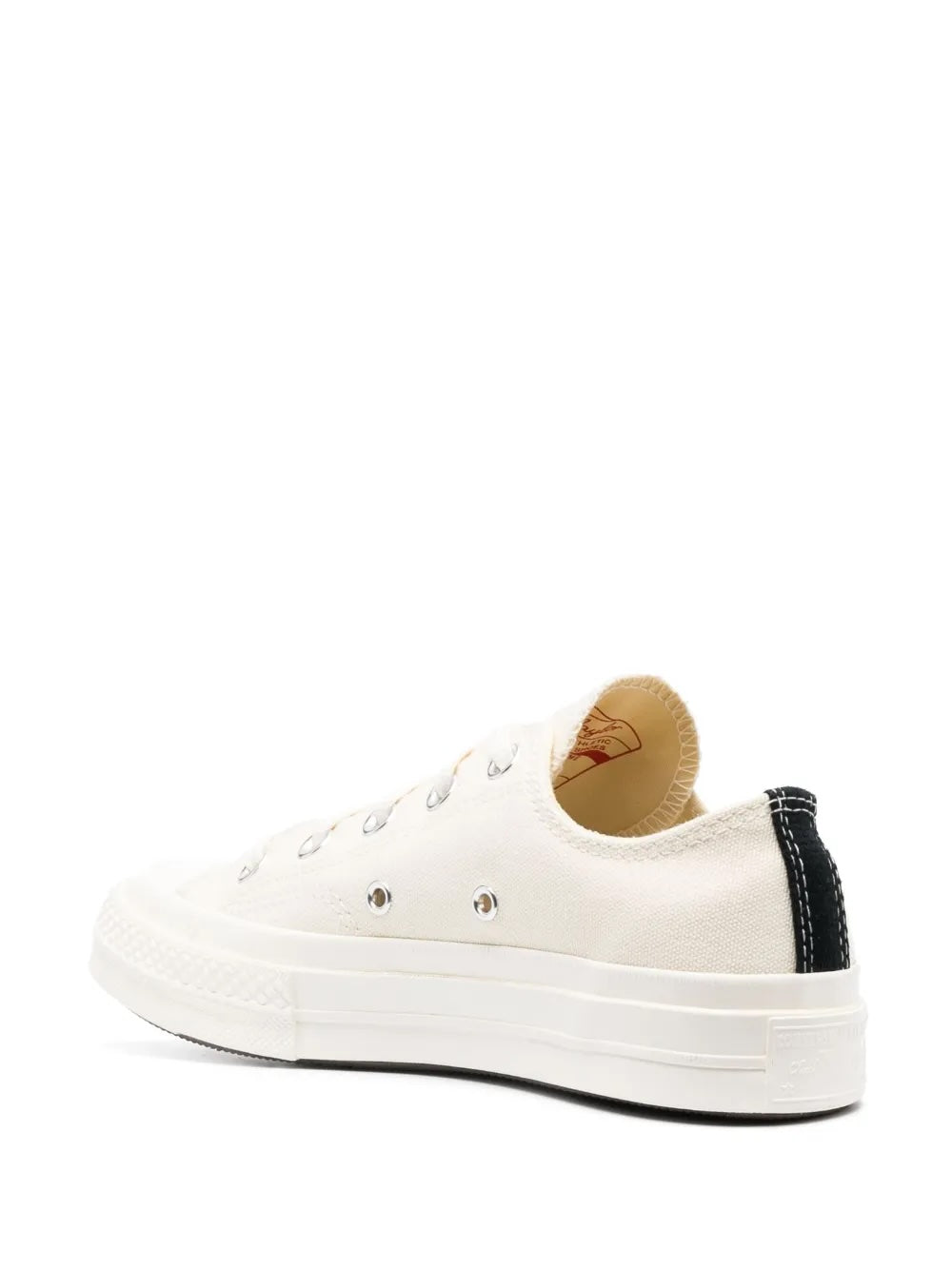 Comme des Garçons Play x Converse Chuck 70 low-top sneakers in white, back view, black heel tab contrast detail and off-white canvas upper