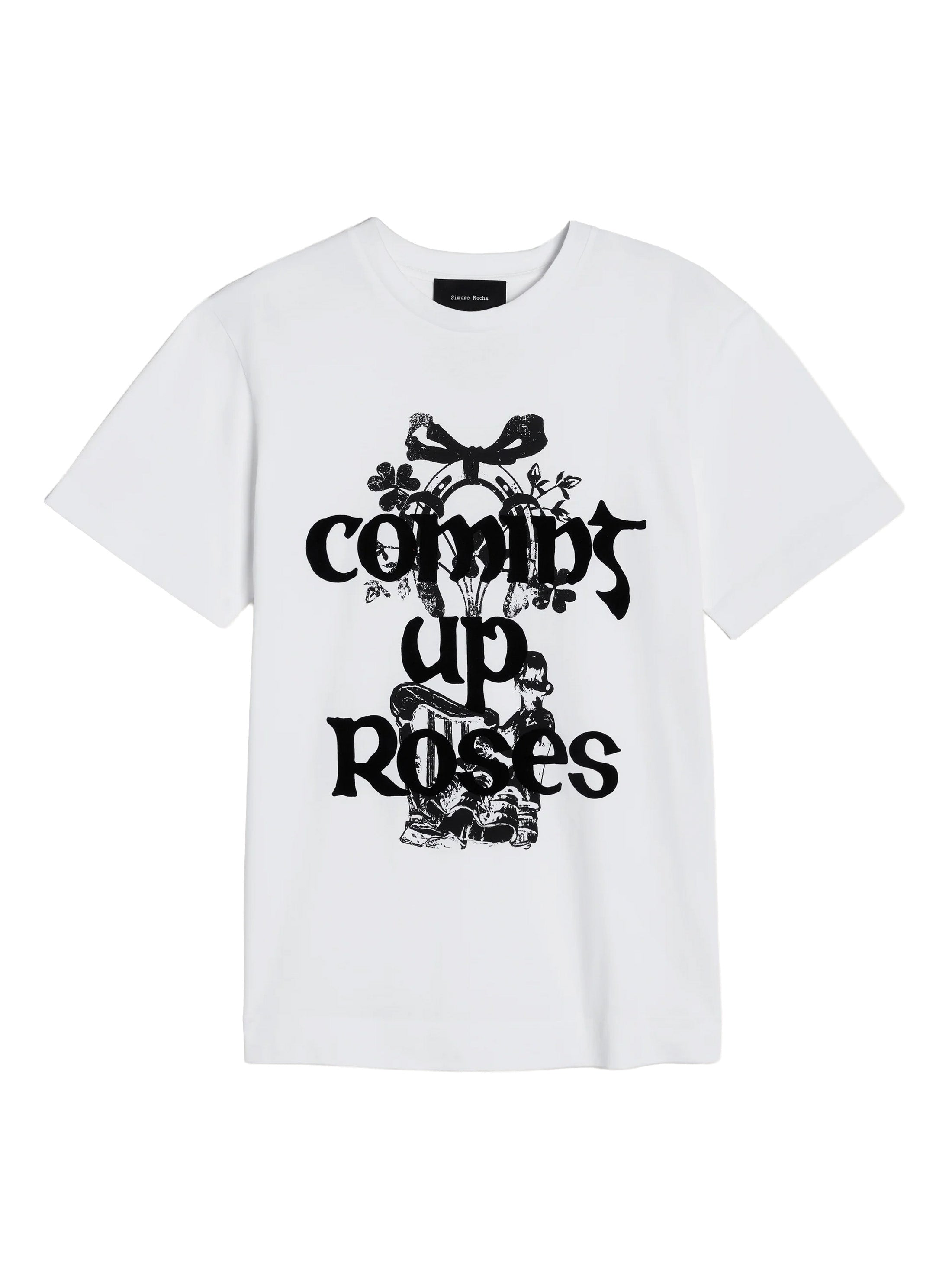 Simone Rocha Coming Up Roses Print T-Shirt in White/Black front view with graphic print