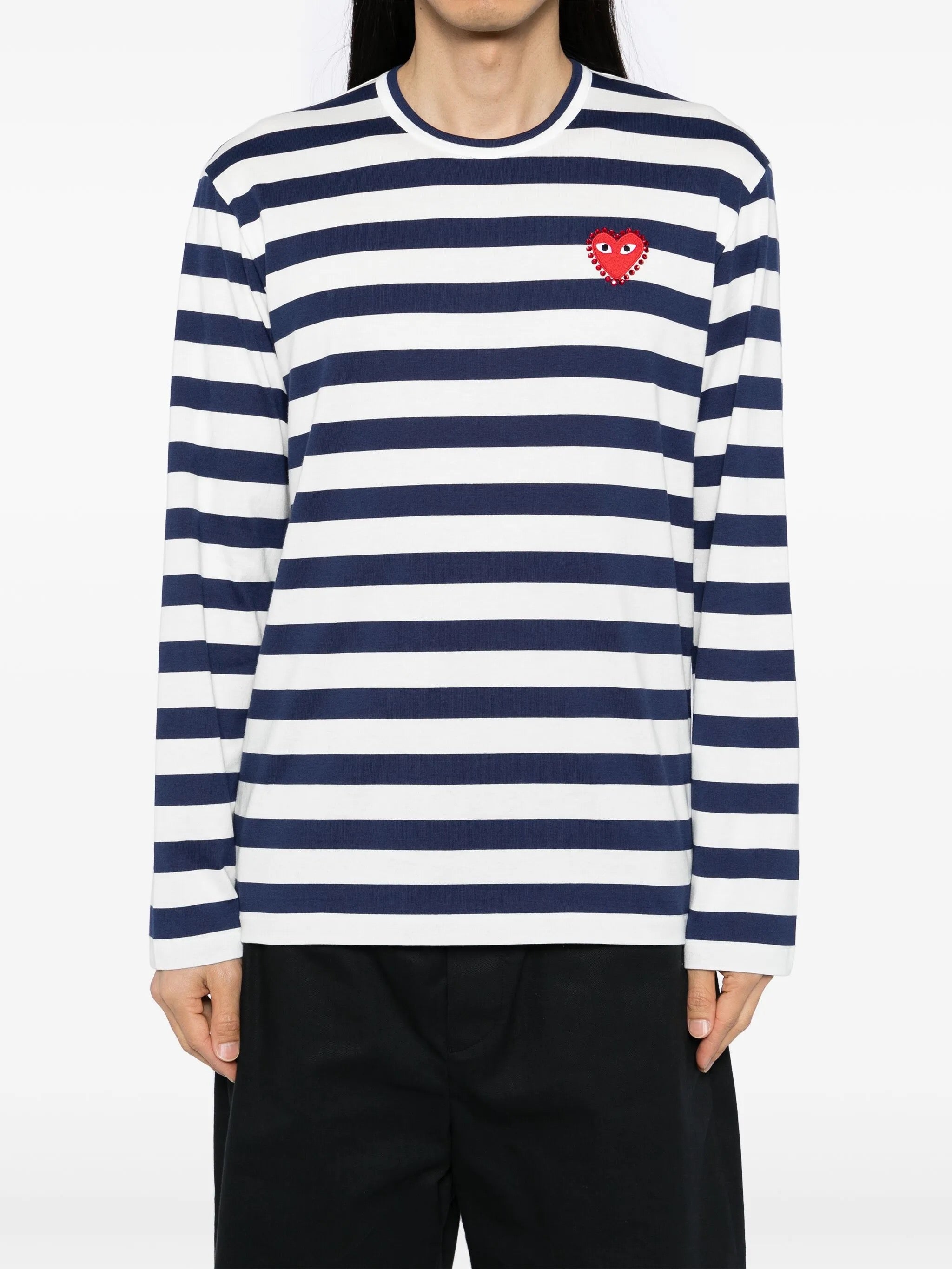 Rhinostone Red Heart Striped T-Shirt in Navy from Comme des Garçons Play