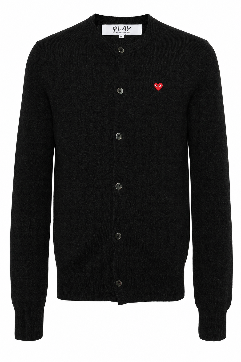 Comme des Garçons Play Unisex Cardigan Red Heart in black with front button closure, round neck and red embroidered heart logo
