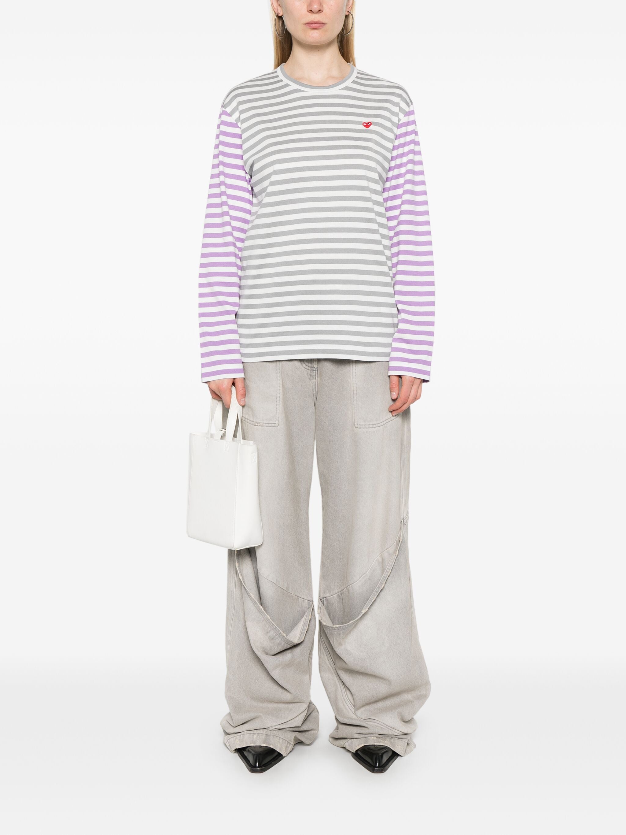 Unisex Long Sleeves Tee Bi-Colour Striped in Grey & Purple from Comme des Garçons Play