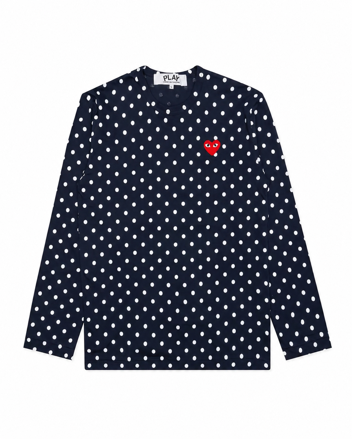 Comme des Garçons Play Unisex Polka Dot Long Sleeve Shirt Red Heart in navy with white polka dot print and red embroidered heart logo