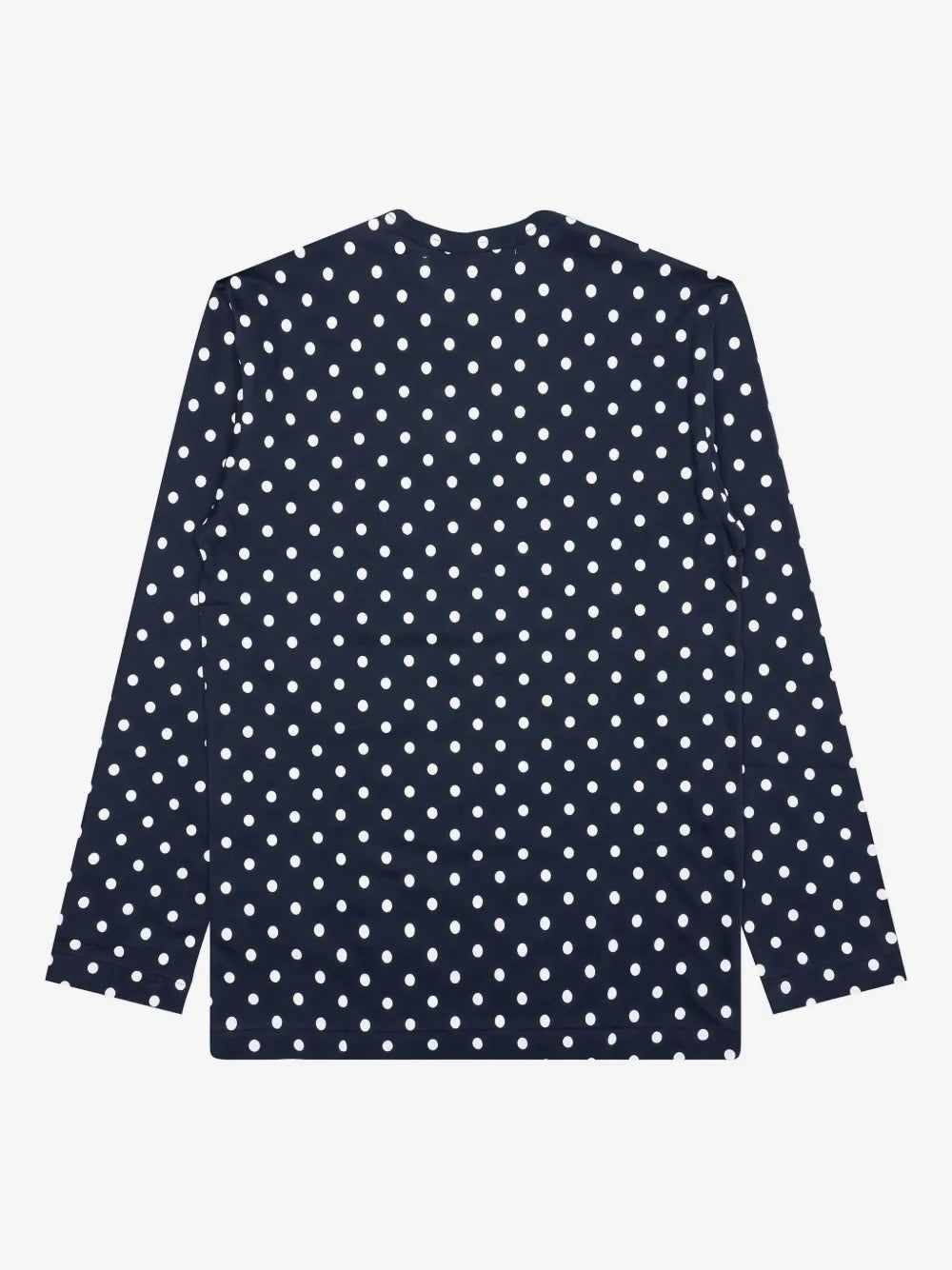 Back view of Comme des Garçons Play navy polka dot long sleeve shirt with all-over white dot print and straight hem