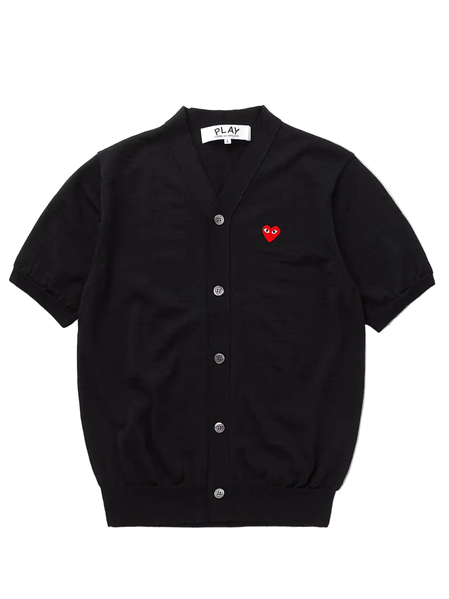 COMME des GARÇONS PLAY V-Neck Knit Cardigan Red Heart in Black shown from the front, featuring short sleeves, button fastening and signature red heart appliqué.