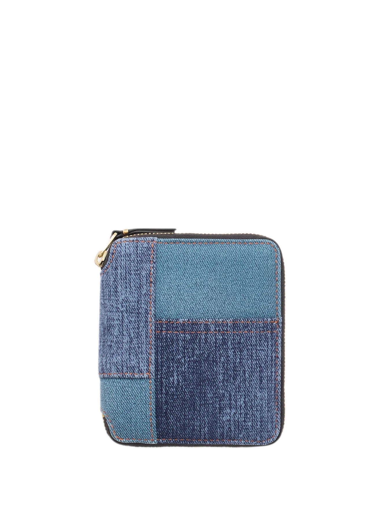 Front view of the SA2100DP Wallet from Comme des Garçons Wallet, with denim patchwork design.