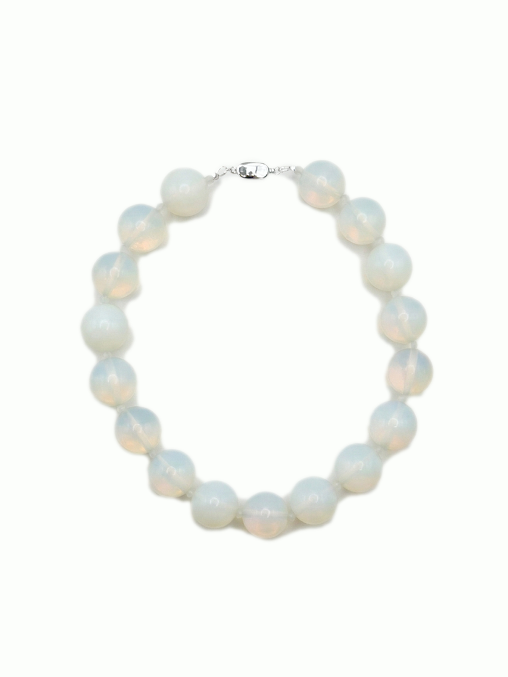 Round, opal moon necklace with silver clasp from De Silang on a white background