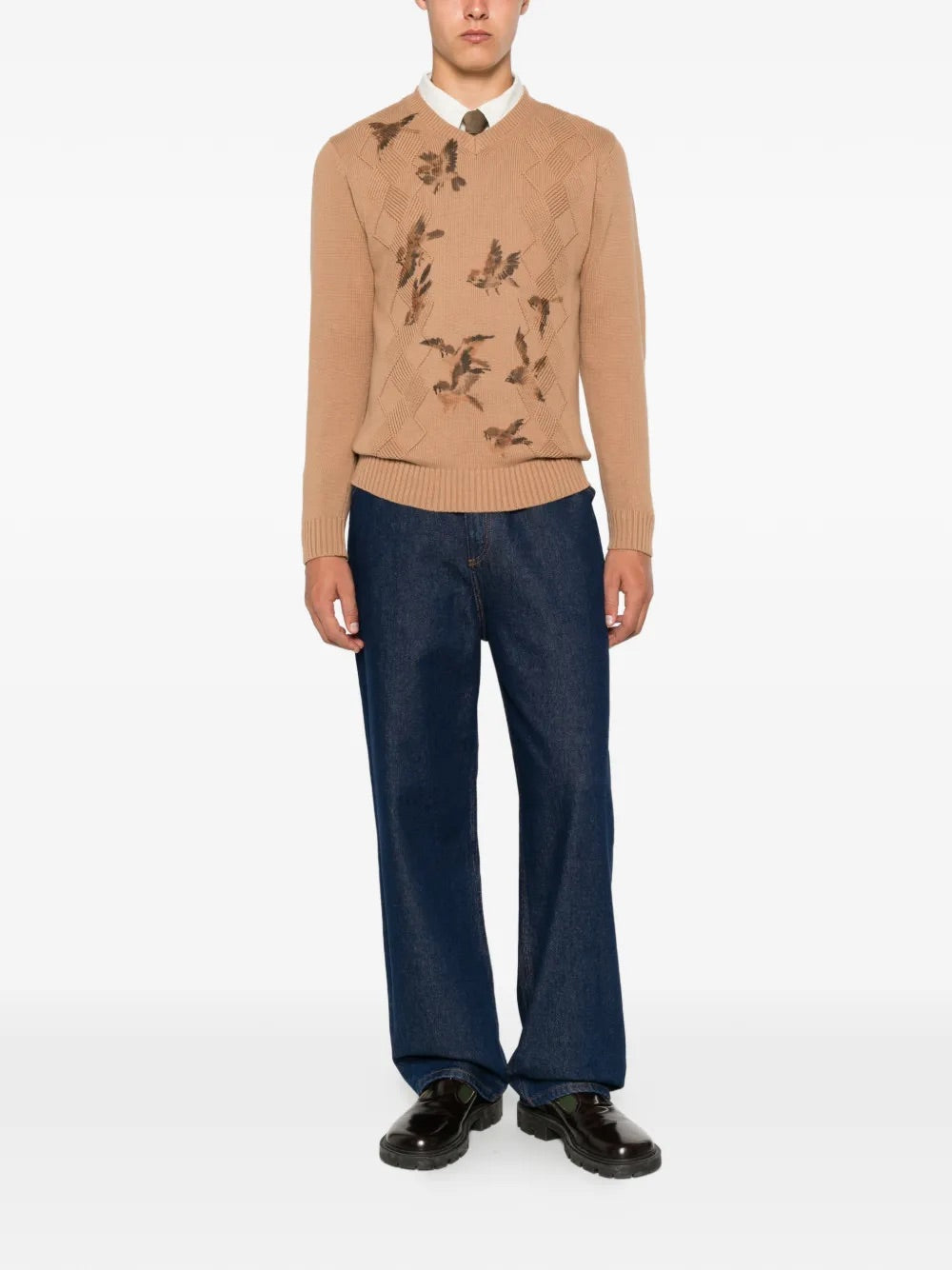 Ka Wa Key Diamond Cable V-Neck Jumper in Wantering Sparrows worn front view