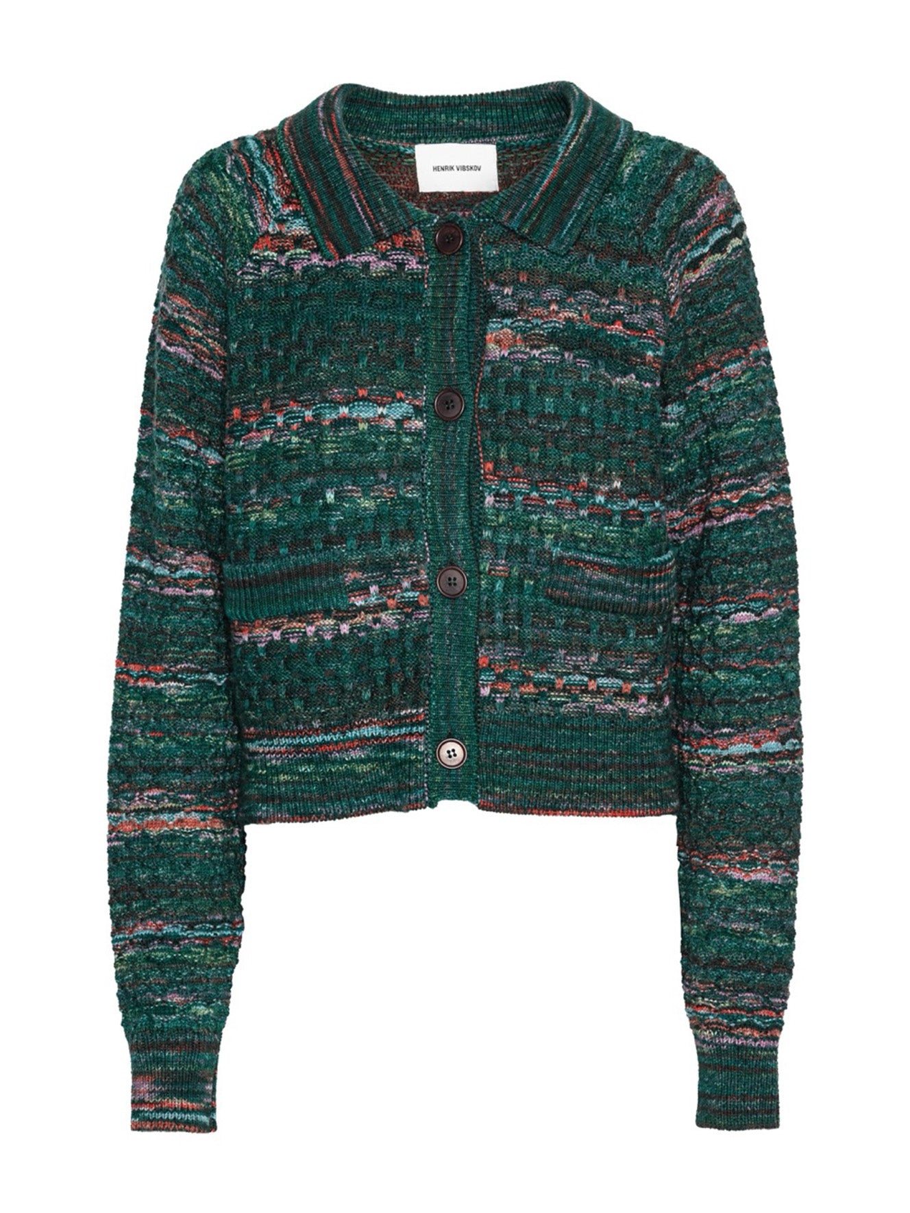 Henrik Vibskov Disguise Cardigan in Green Graffiti crafted from textured multicoloured 100% wool knit with front button closure.