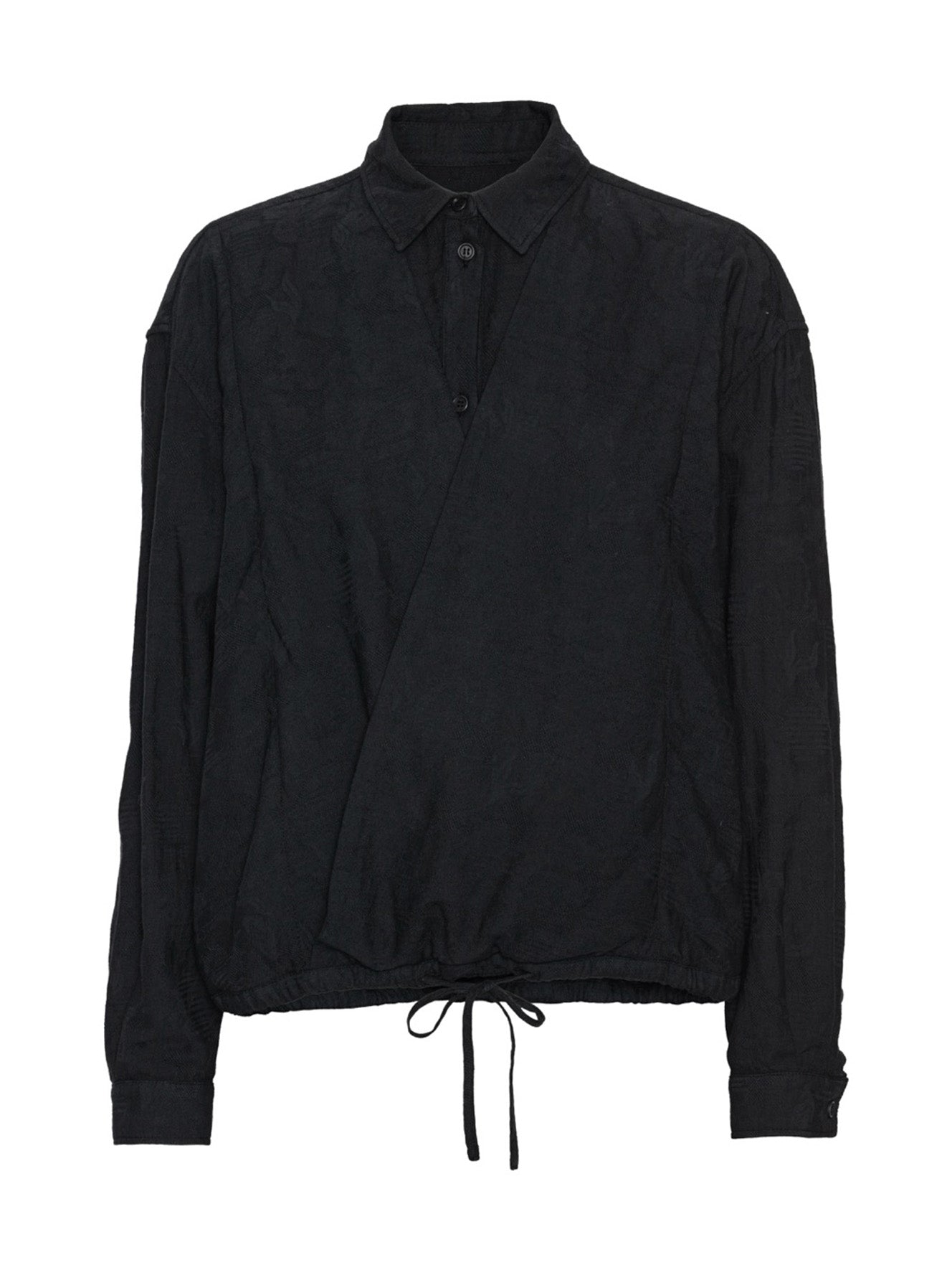 Henrik Vibskov Double Ki Shirt in Black crafted from 100% organic cotton with a wrap-style front and drawstring hem.