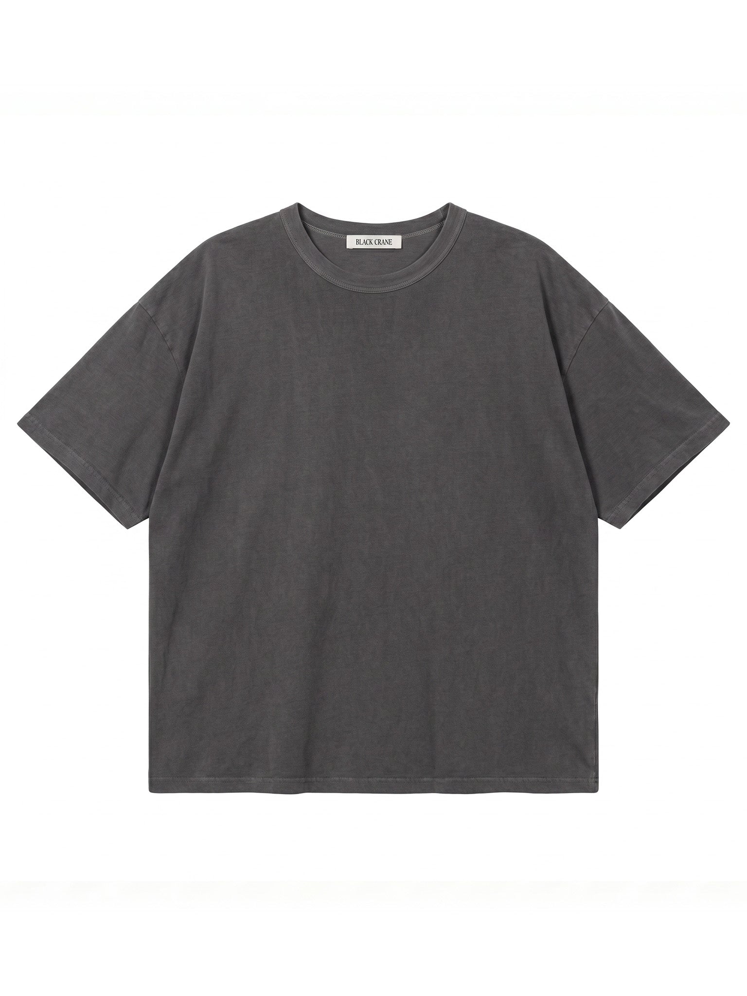 Black Crane Wide Short Sleeve Tee in Indigo - flat lay showing boxy silhouette and crew neck in Japanese textured jersey