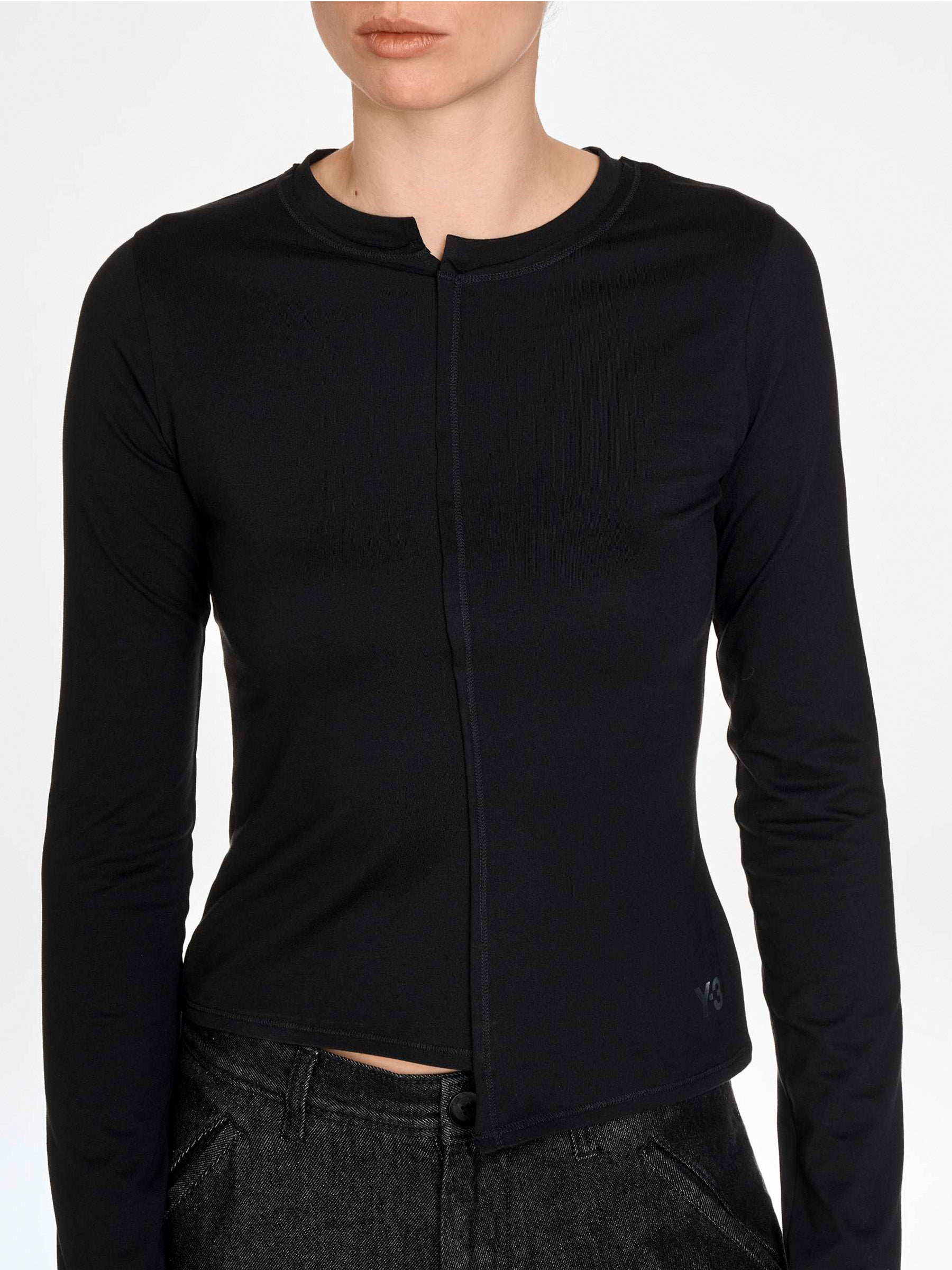 Close-up front view of the Y-3 Fitted Long Sleeve Tee in Black.