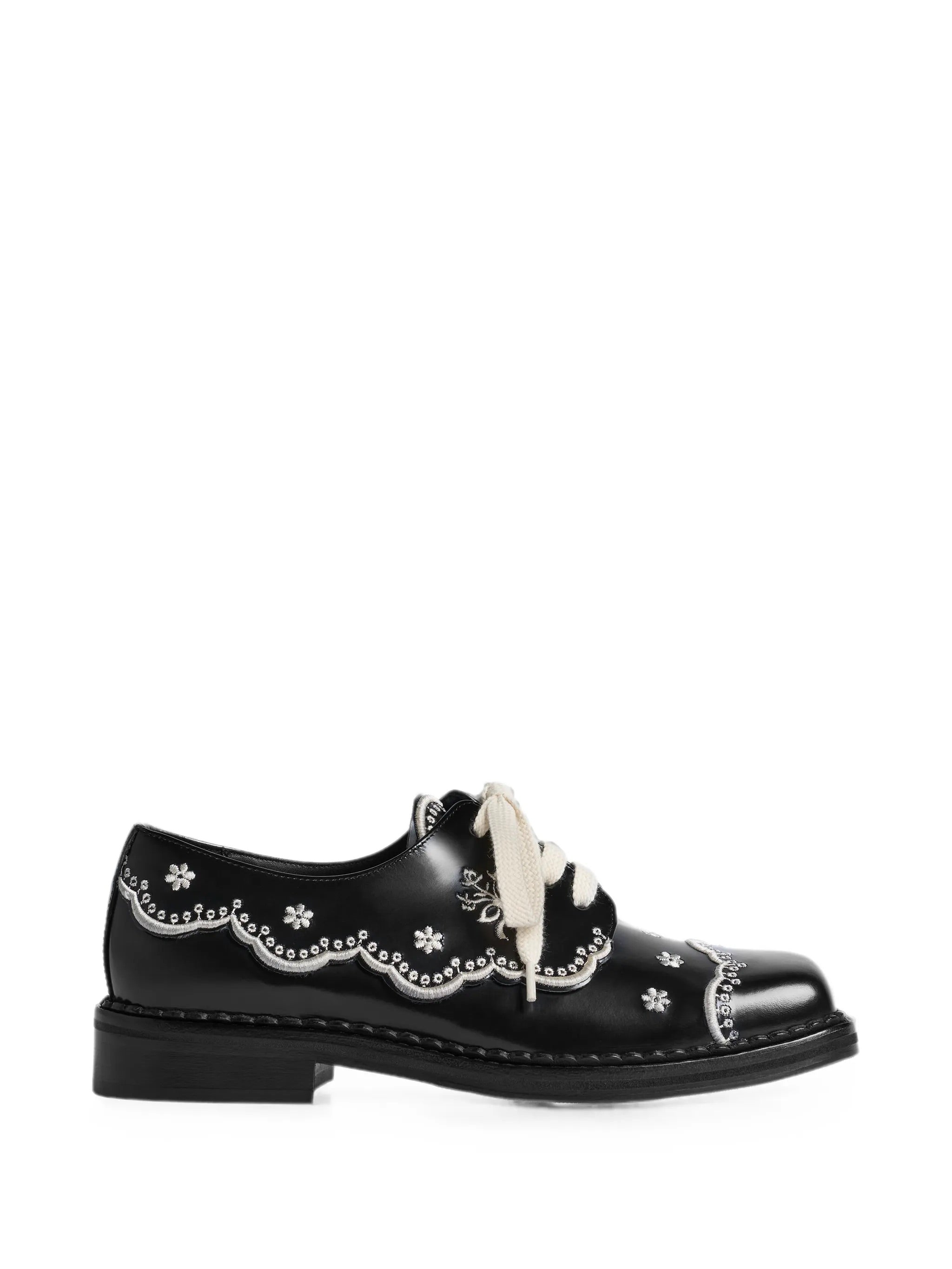 Simone Rocha Floral Lace Brogue in Black/Cream side view with floral lace embroidery