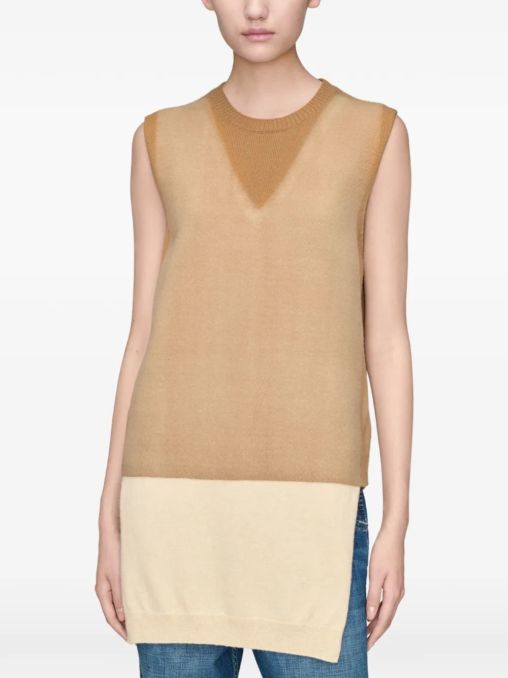Model wearing Maison Margiela Fuse Knit Vest in Camel/Ecru, front view.