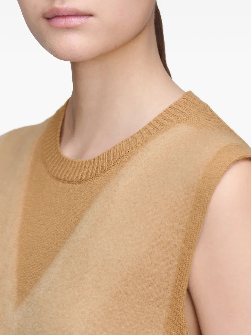 Close-up of Maison Margiela Fuse Knit Vest in Camel/Ecru neckline and knit texture.