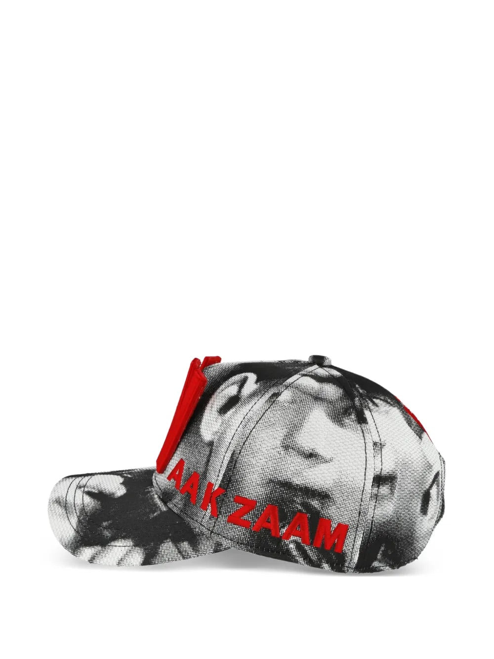 Walter Van Beirendonck Glitch Cap in Comb. I Sample - side view showing black and white face print with red logo detail and adjustable strap