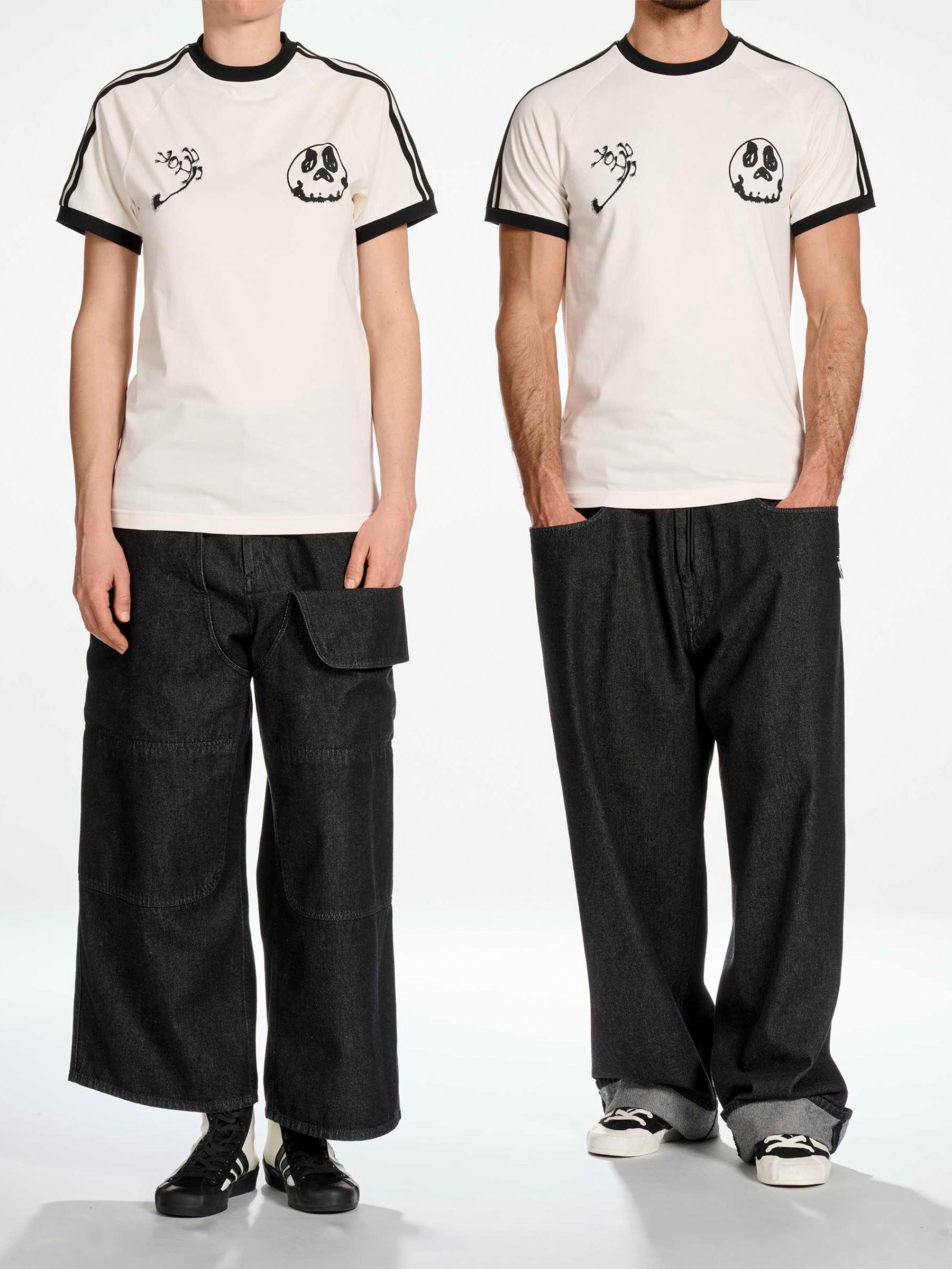 Y-3 Graphic Cali Short Sleeve Tee in Core White - front view on two models showing graphic print and contrast tipping at collar and cuffs