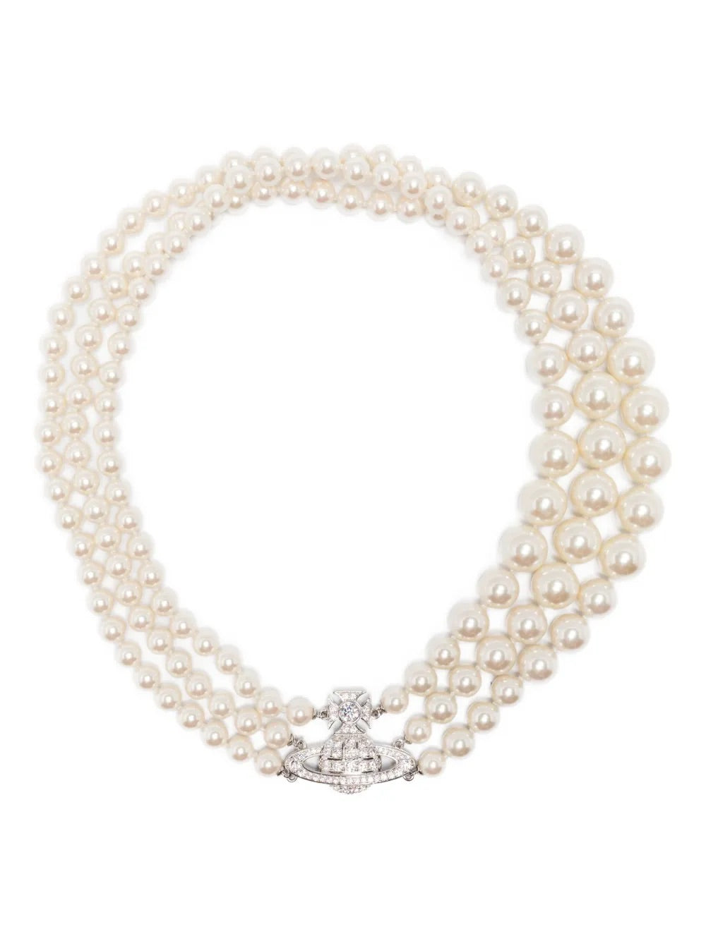 Vivienne Westwood three-strand pearl necklace with crystal-embellished silver Orb clasp detail
