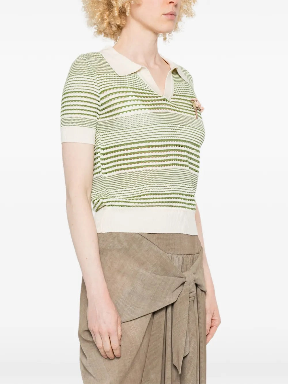 Ka Wa Key Grandma's Bloom Polo Shirt Tea Garden - side view showing silhouette and knit texture