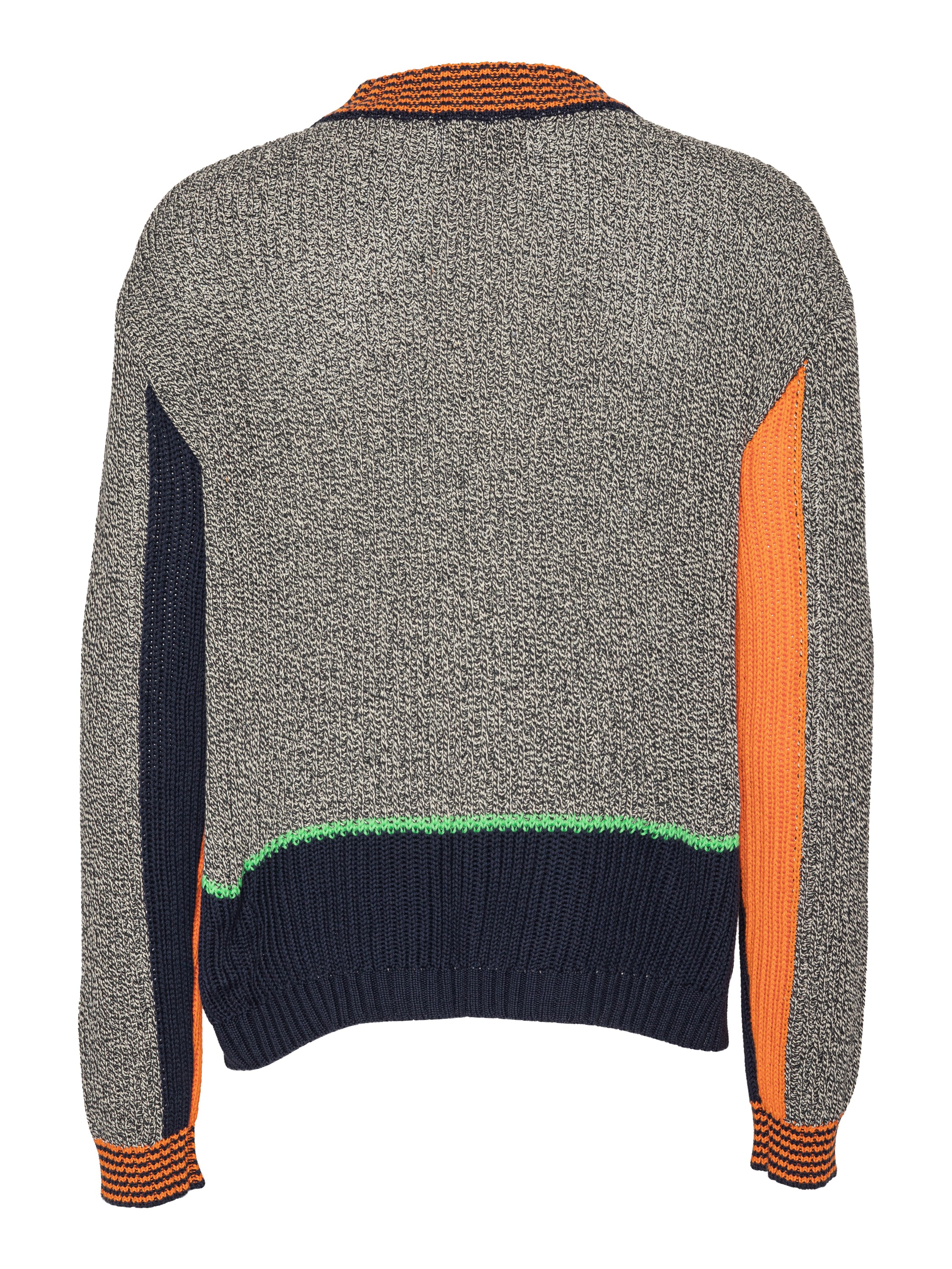 Back full-body packshot of the Abundance Cardigan highlighting the block-color design in black, white, and navy with subtle orange detailing and a straight hem