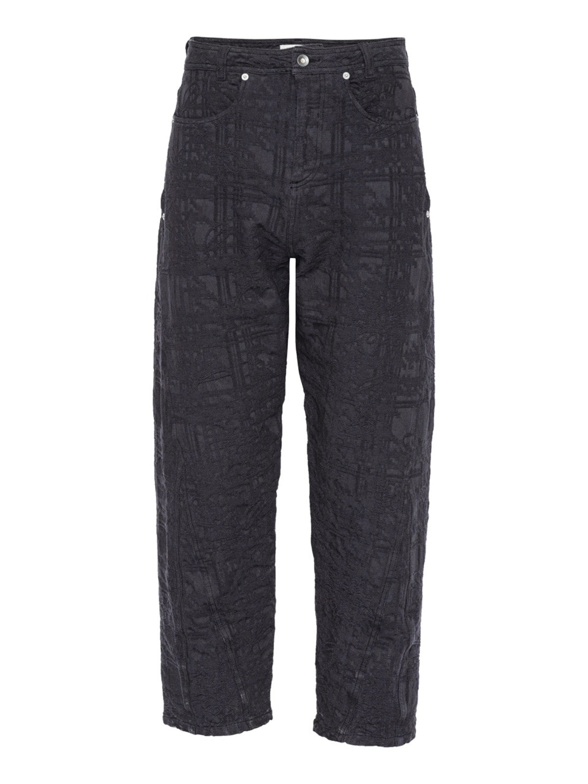 Henrik Vibskov Amphi Pants Black, flat lay front, black organic cotton trousers with tonal jacquard texture and silver hardware