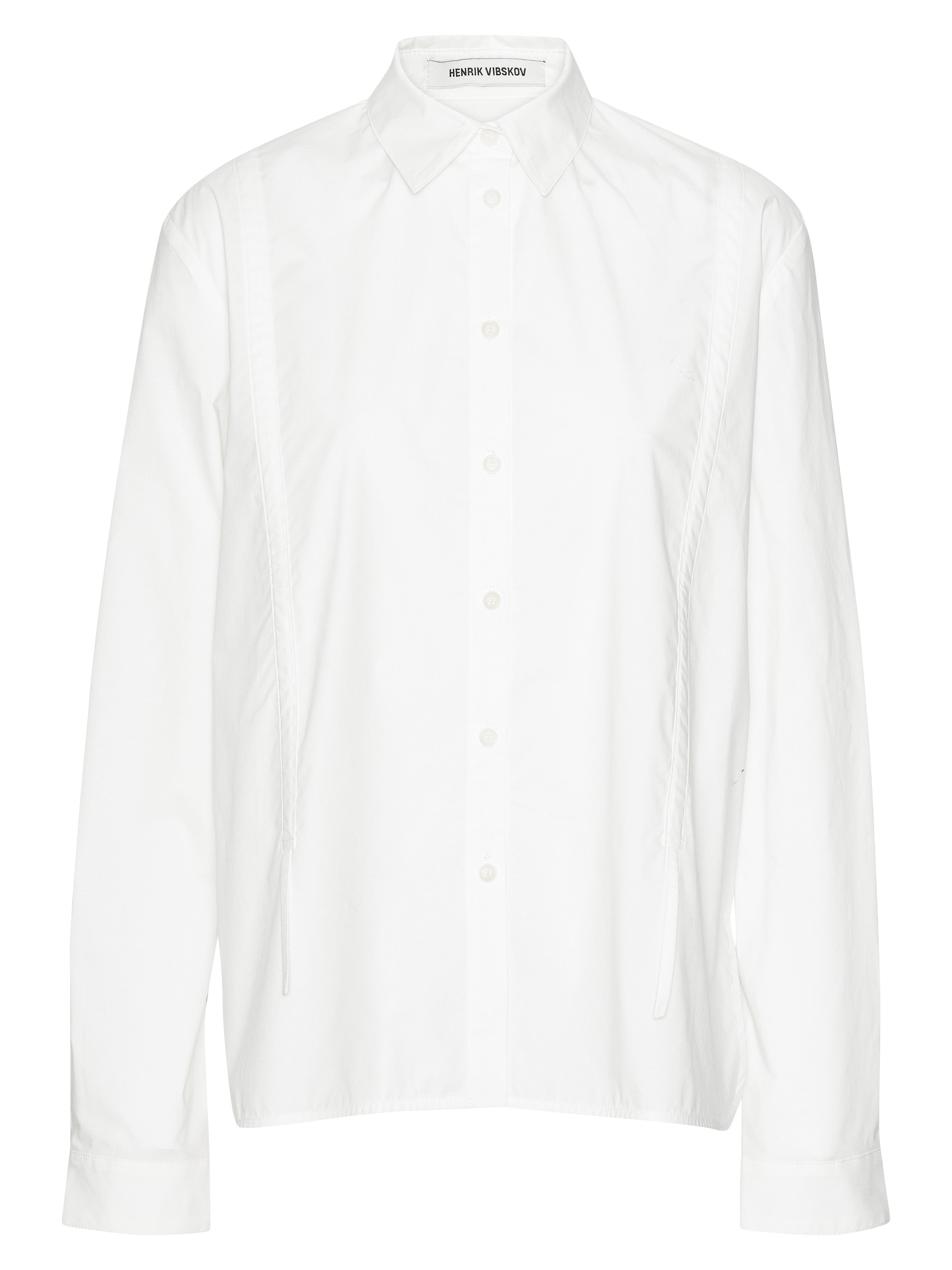 White shirt with a brand label on a white background