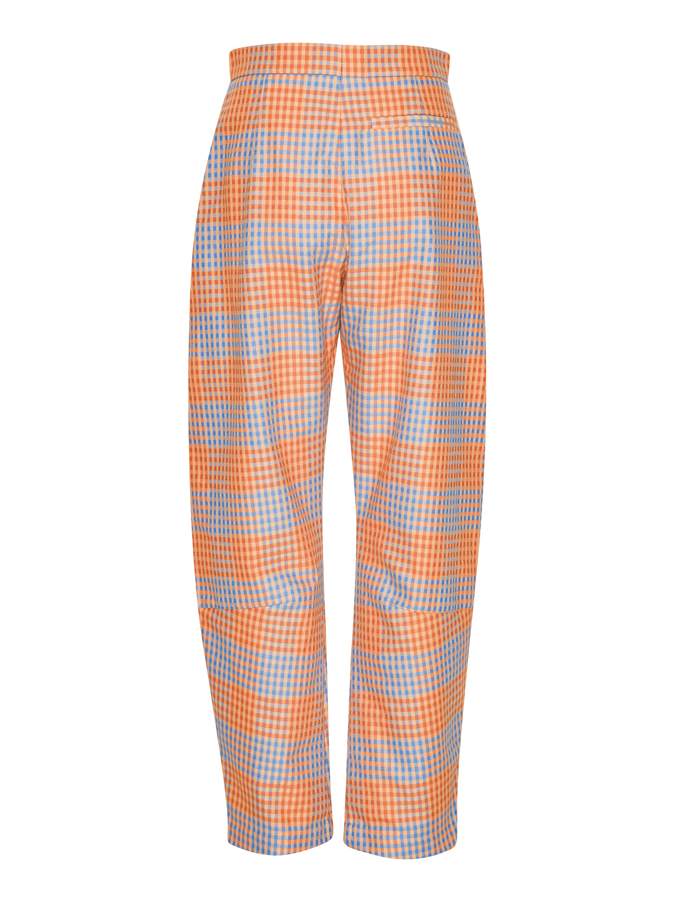 Orange and blue checkered pants on a white background