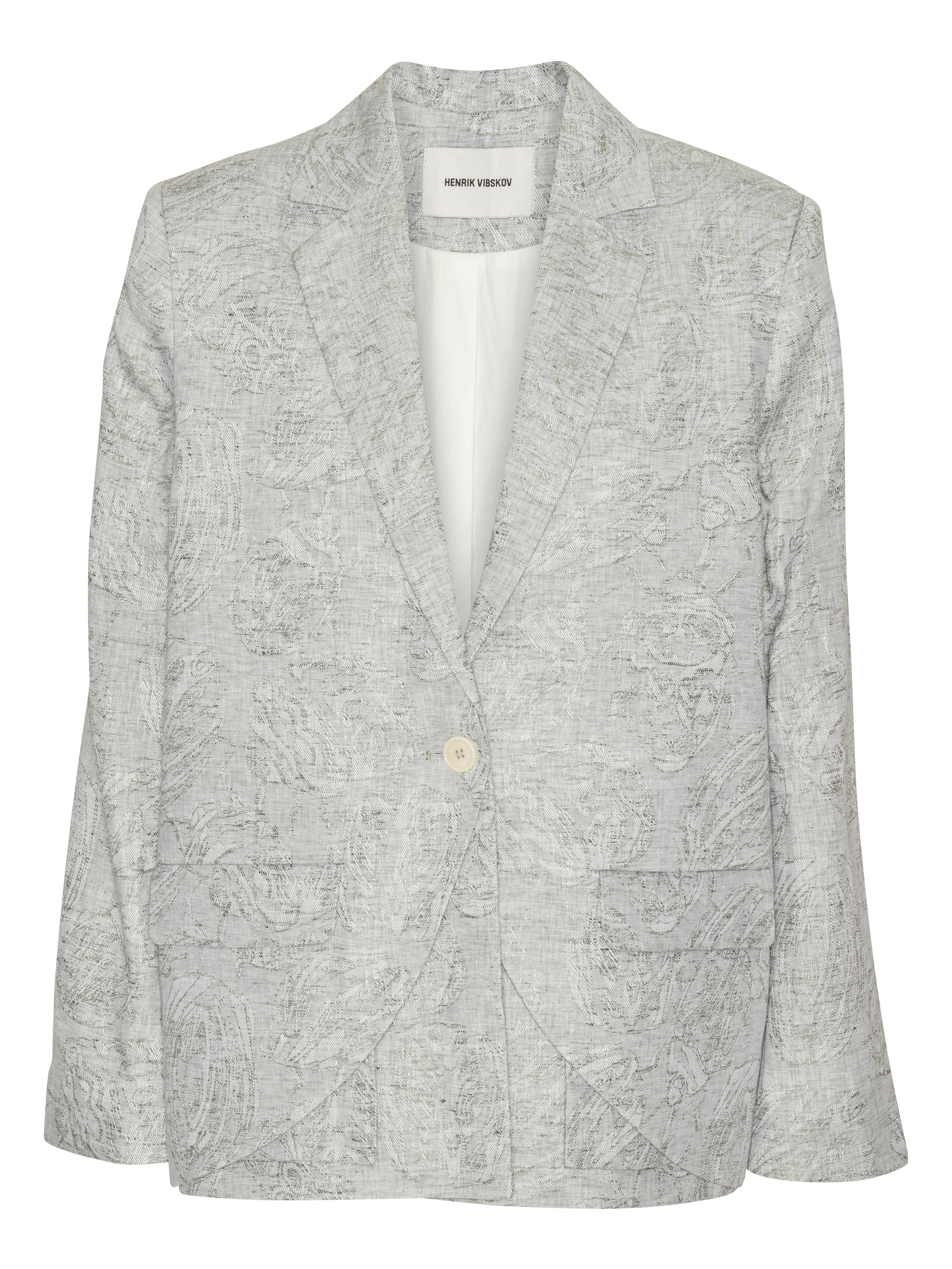 Front view of the grey Beetle Blazer with layered design, single-button closure, and two front pockets, showing the floral textured pattern.