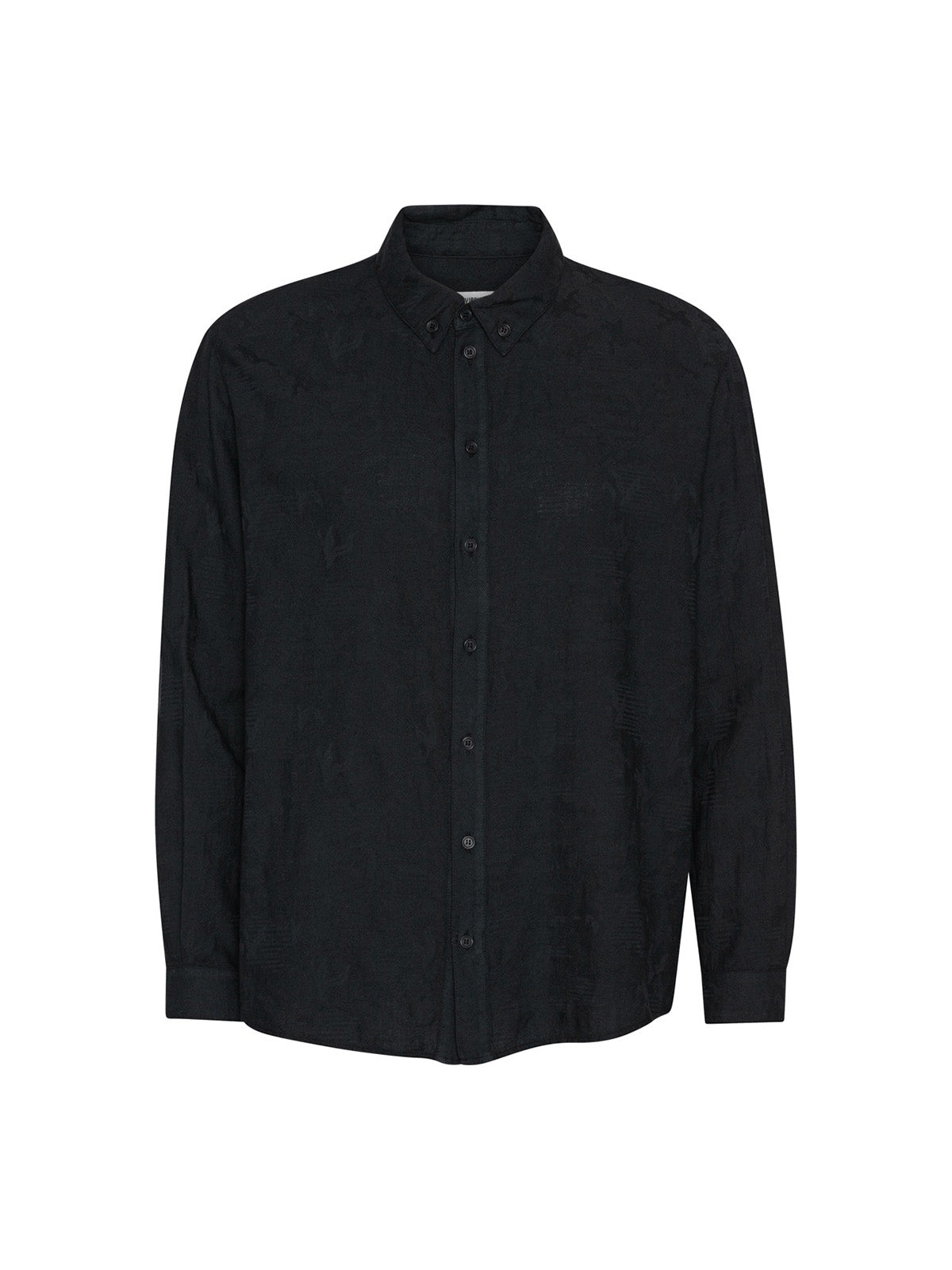 Henrik Vibskov Block Shirt Black, flat lay front, black organic cotton shirt with tonal jacquard texture and button-down collar