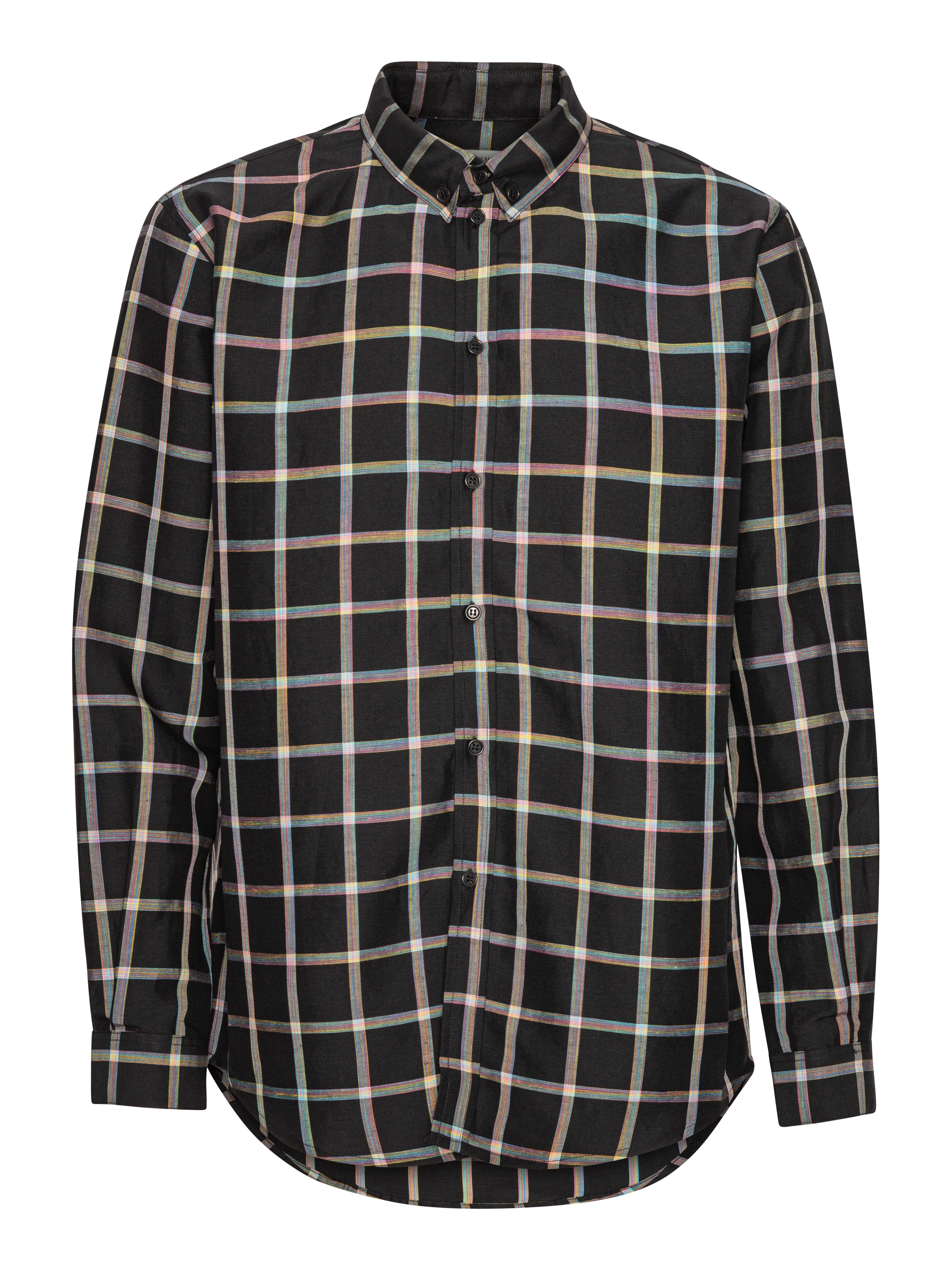 Front full-body packshot of the Block Shirt in Black Checks from Henrik Vibskov Spring/Summer 2026 Studio Collection, featuring a black base with multicoloured check pattern, classic collar, long sleeves, front button closure, and curved hem.