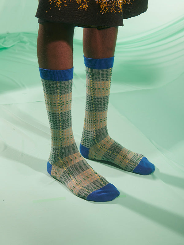 Blurry Stripes Socks Homme in Grey Blue Yellow Checks from Henrik Vibskov