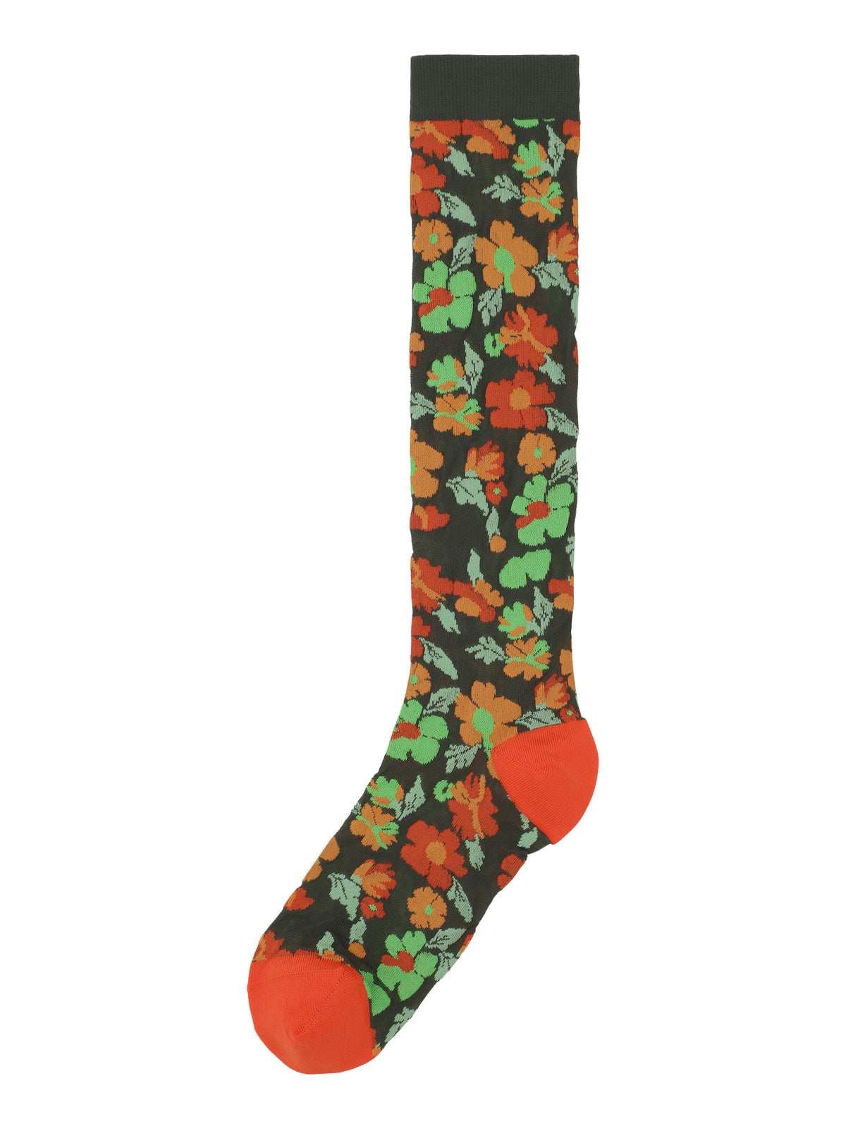 Henrik Vibskov Bouquet Socks in Orange Floral Affairs shown flat, featuring an all-over floral motif, ribbed cuff and contrast toe and heel.