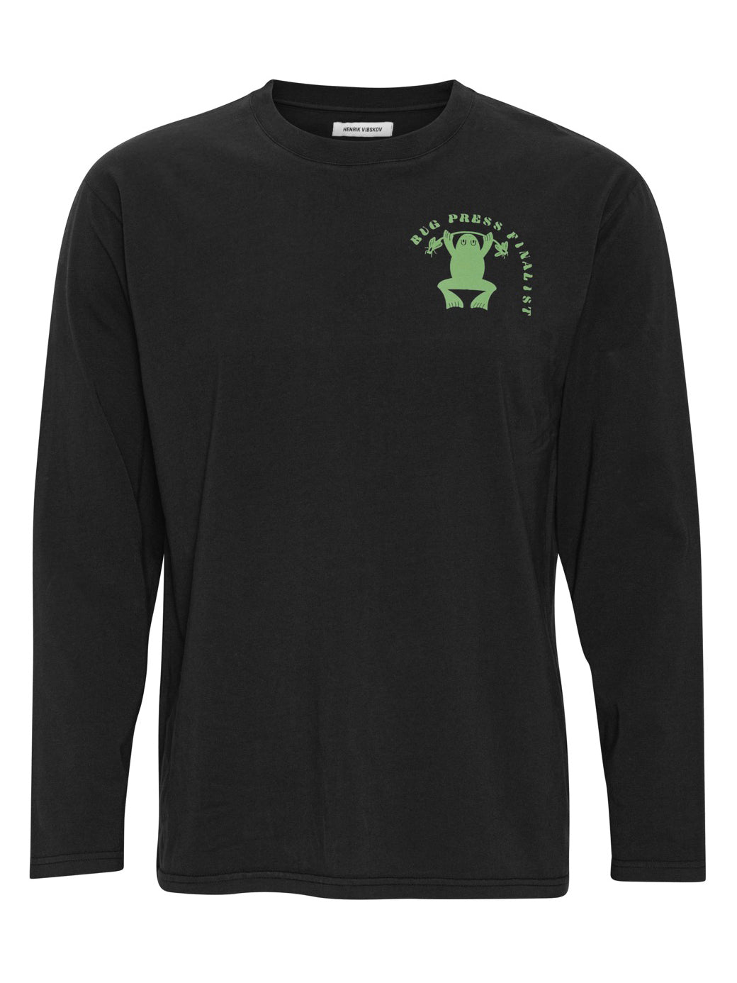 Henrik Vibskov Bug Press Blouse in Black, front view, long-sleeve crew neck, green frog graphic chest print with Bug Press Finalist text, relaxed fit