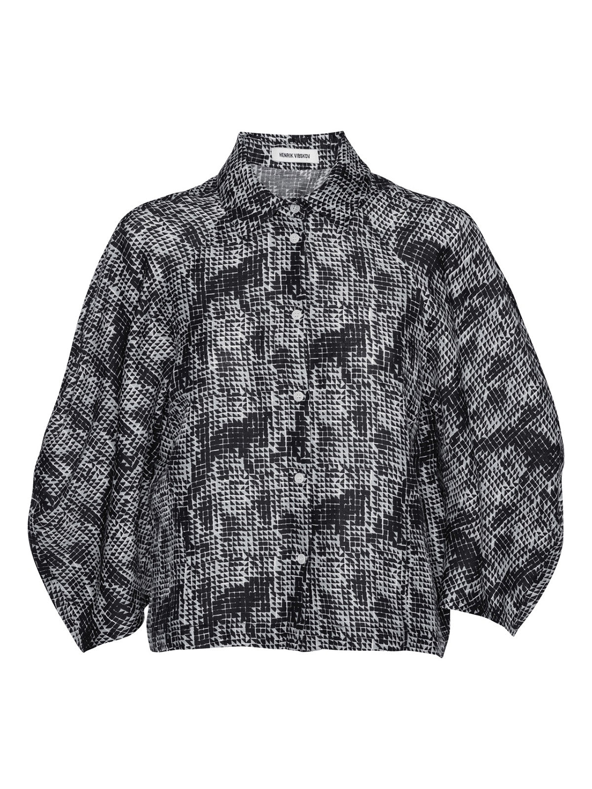Henrik Vibskov Carry A Shirt in Jumping Gents print, black and white graphic shirt, front flat lay