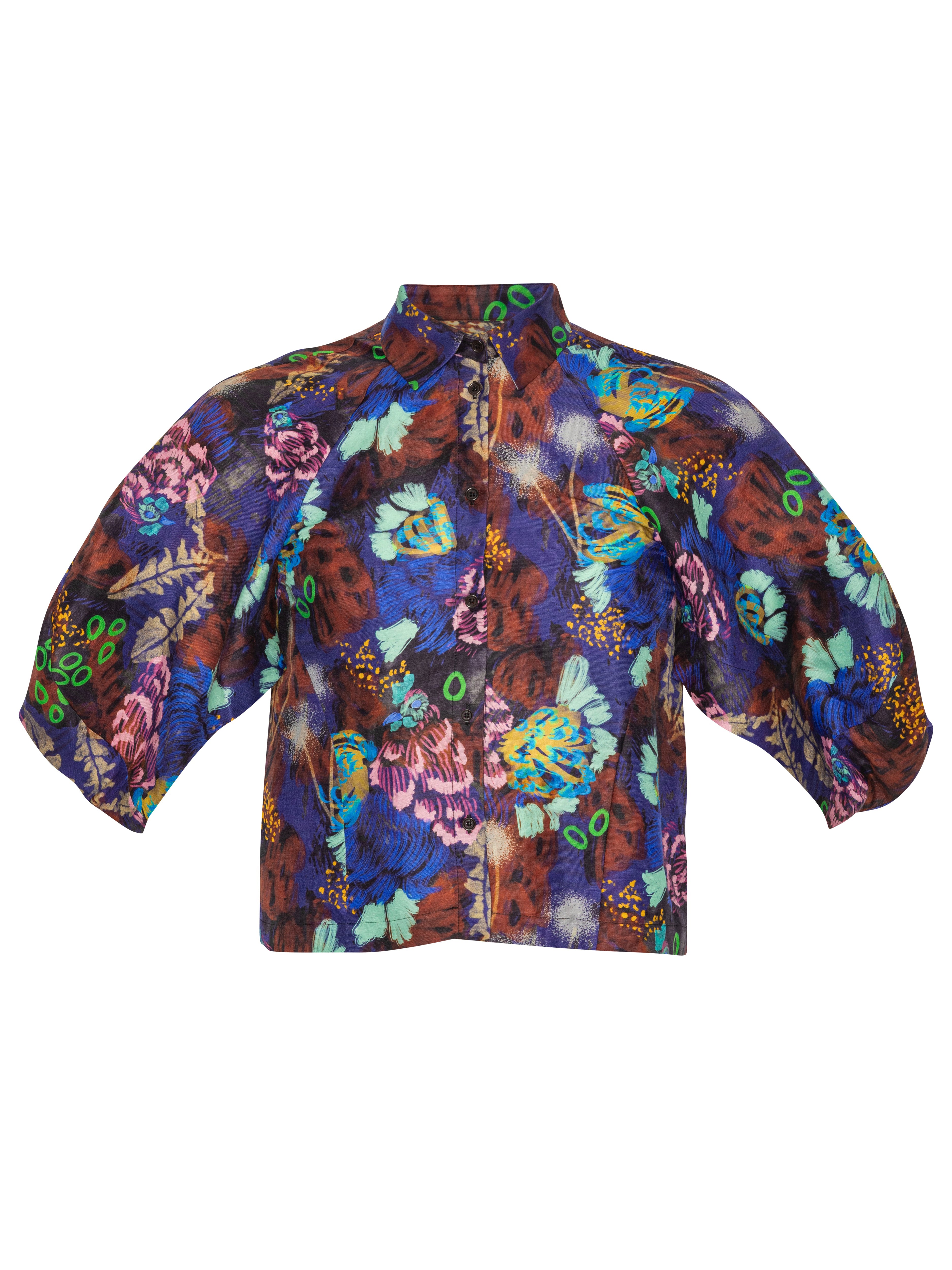 Front full-body packshot of the Case Shirt in Space Chickens from Henrik Vibskov Spring/Summer 2026 Studio Collection, featuring a colourful print, classic shirt collar, 3/4-length raglan sleeves, front button closure, and straight hem.